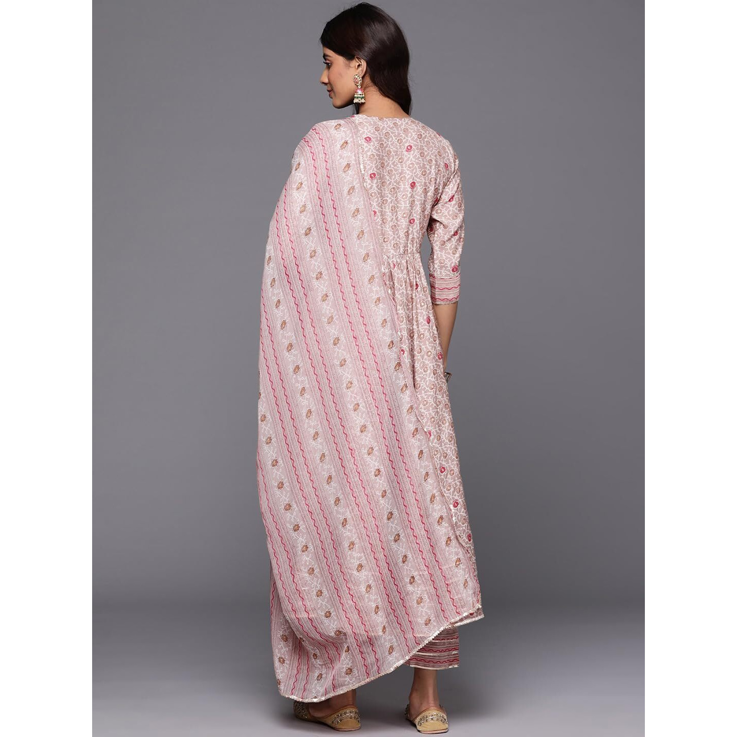Libas Beige Printed Silk Blend Anarkali Kurta With Trousers & Dupatta