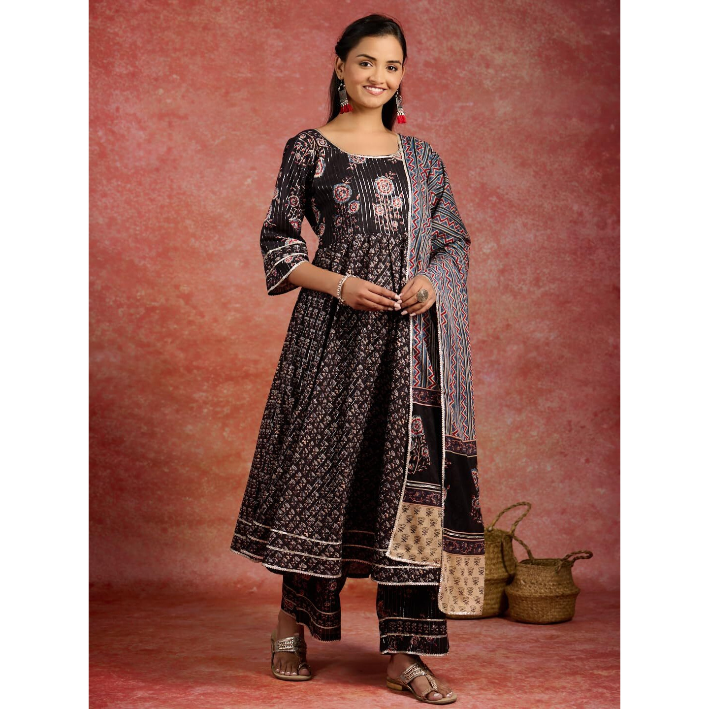 Libas Black Printed Cotton Anarkali Kurta With Palazzos & Dupatta