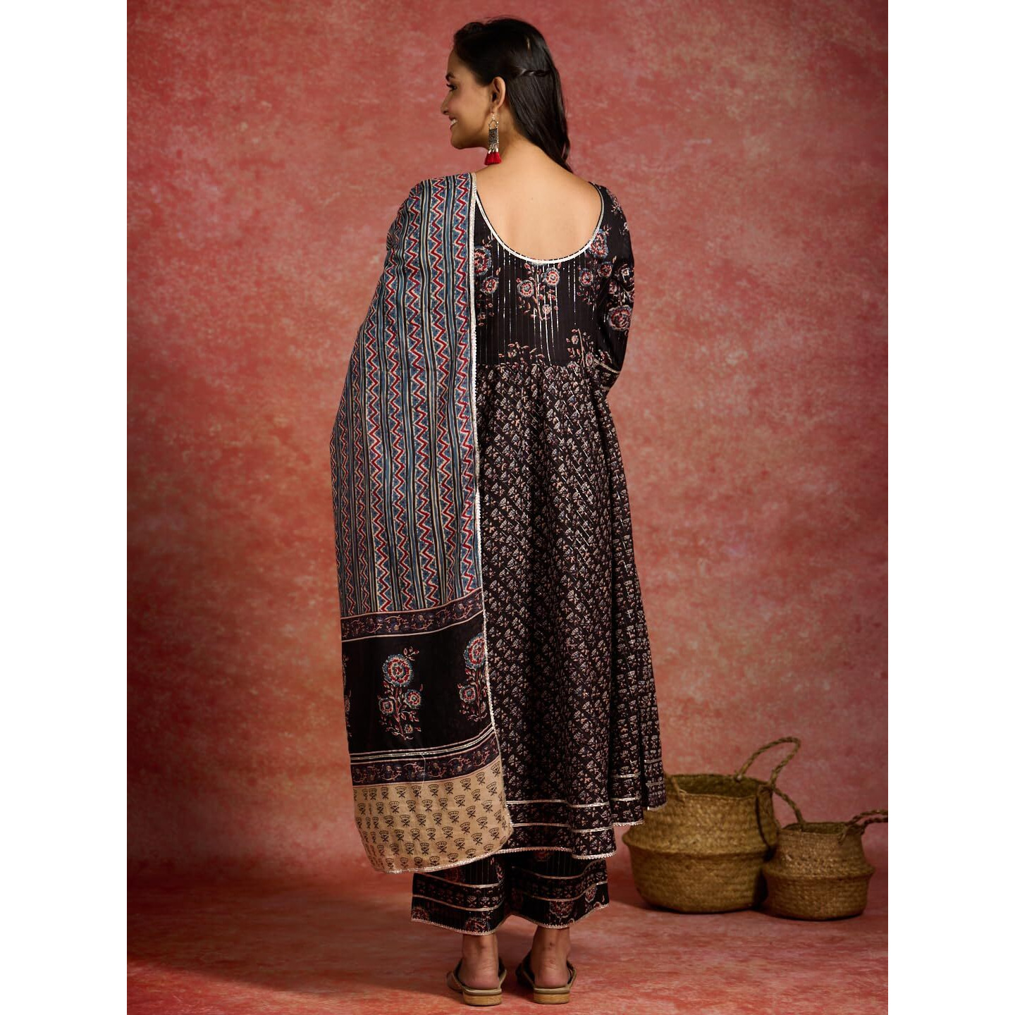 Libas Black Printed Cotton Anarkali Kurta With Palazzos & Dupatta