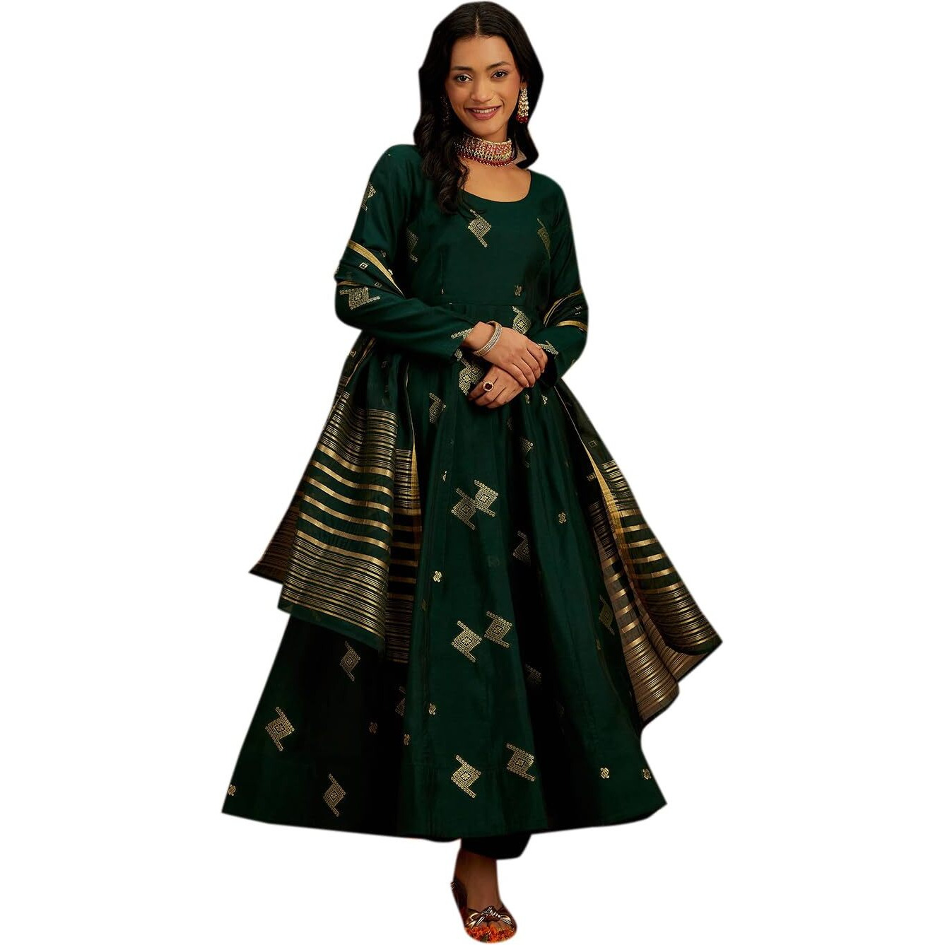 Libas Women's Chanderi Silk Kurta Sets (34741_Green, Printed, Medium