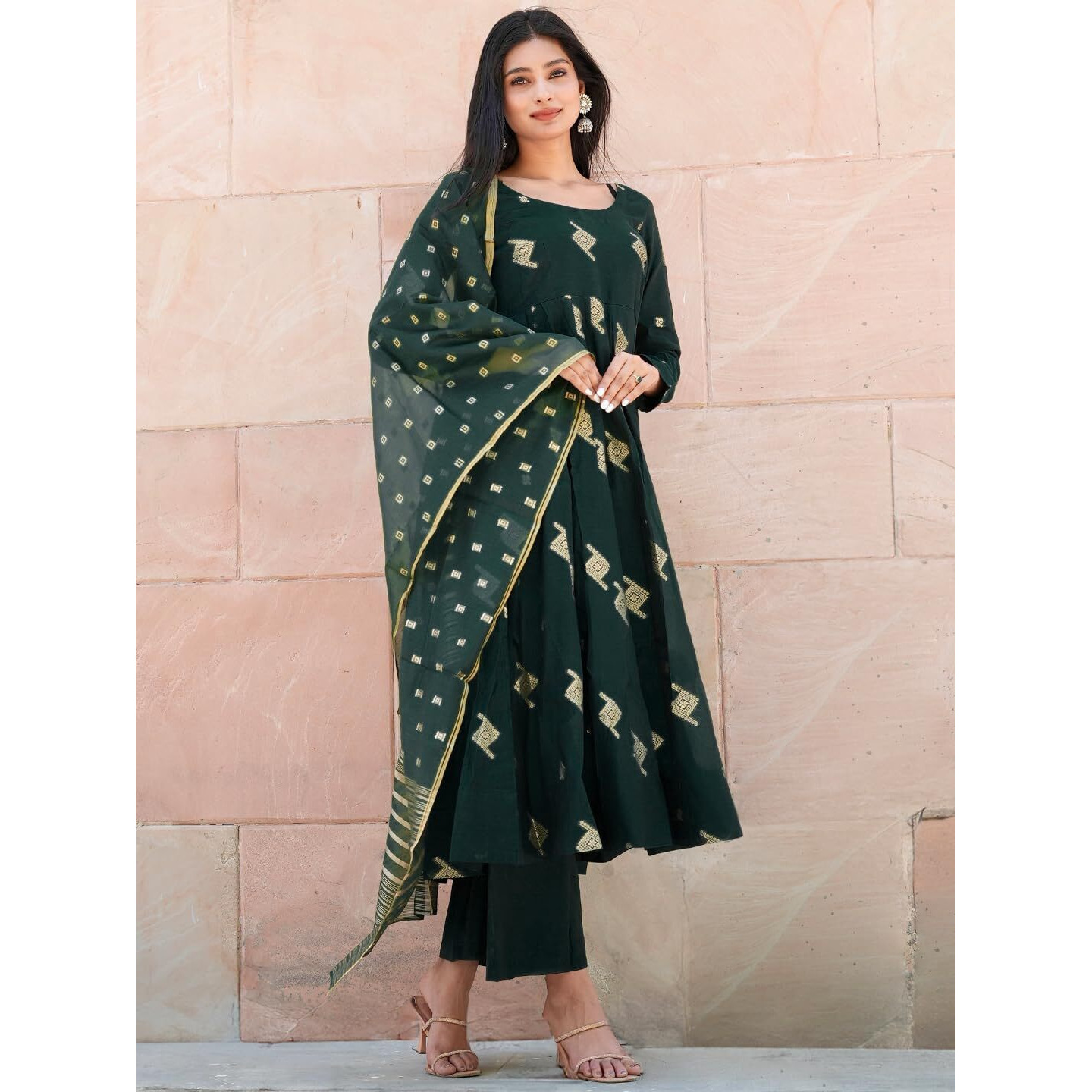 Libas Women's Chanderi Silk Kurta Sets (34741_Green, Printed, Medium