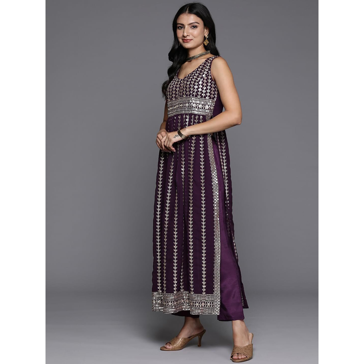 Libas Womens Embroidered Georgette A-Line Kurta With Trousers And Dupatta