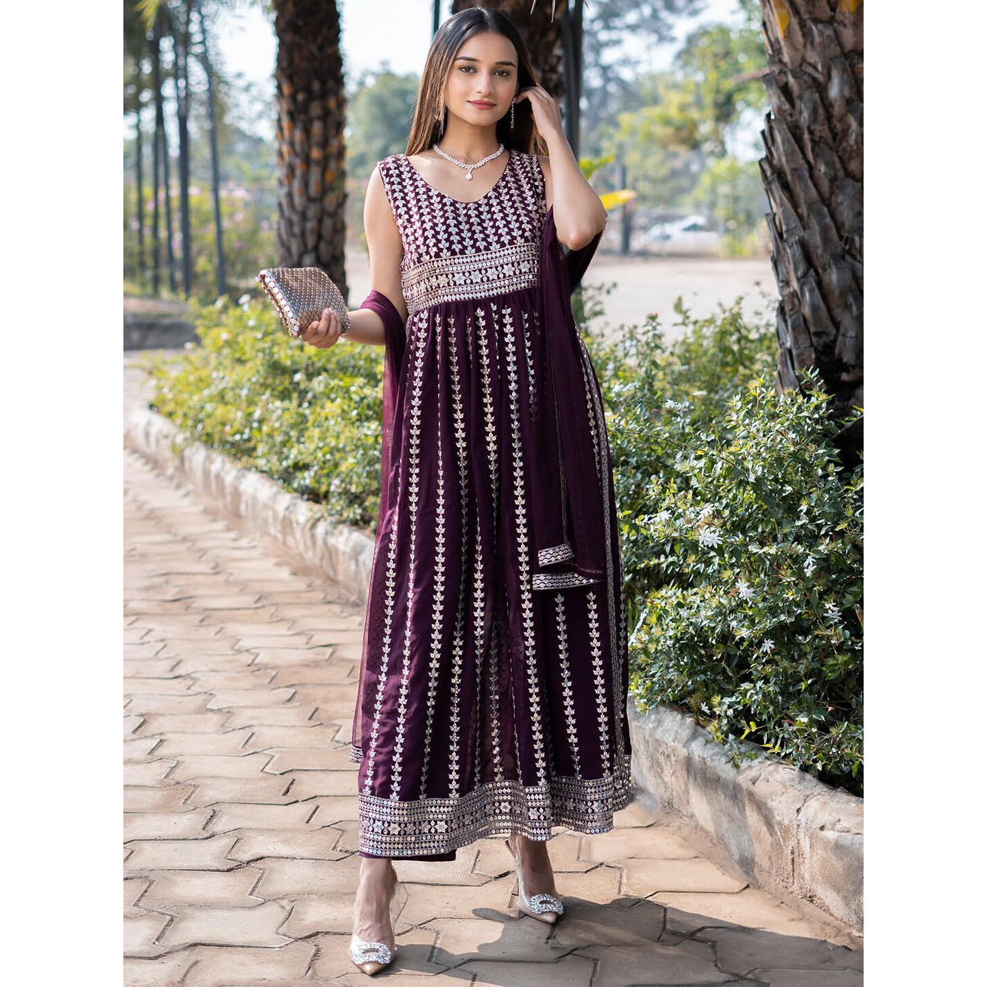 Libas Womens Embroidered Georgette A-Line Kurta With Trousers And Dupatta