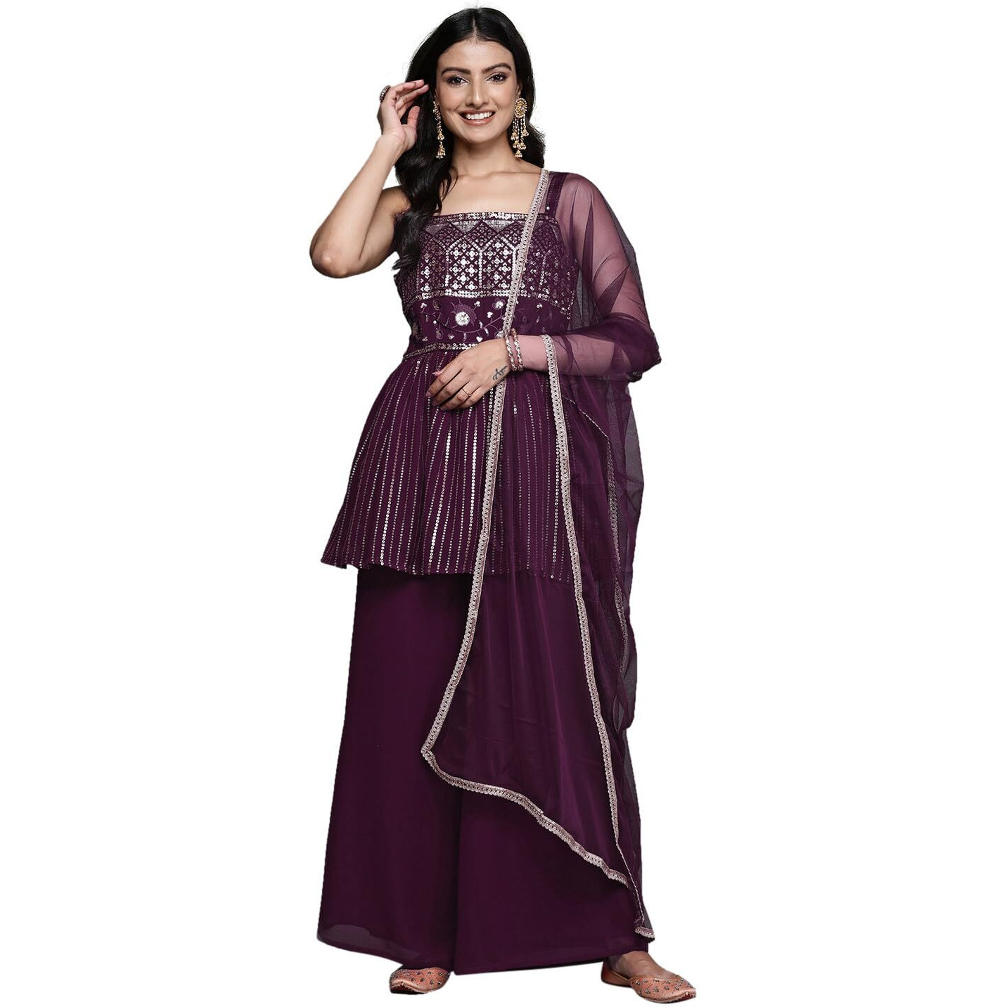 Libas Womens Embroidered Georgette A-Line Kurti Palazzos And Dupatta