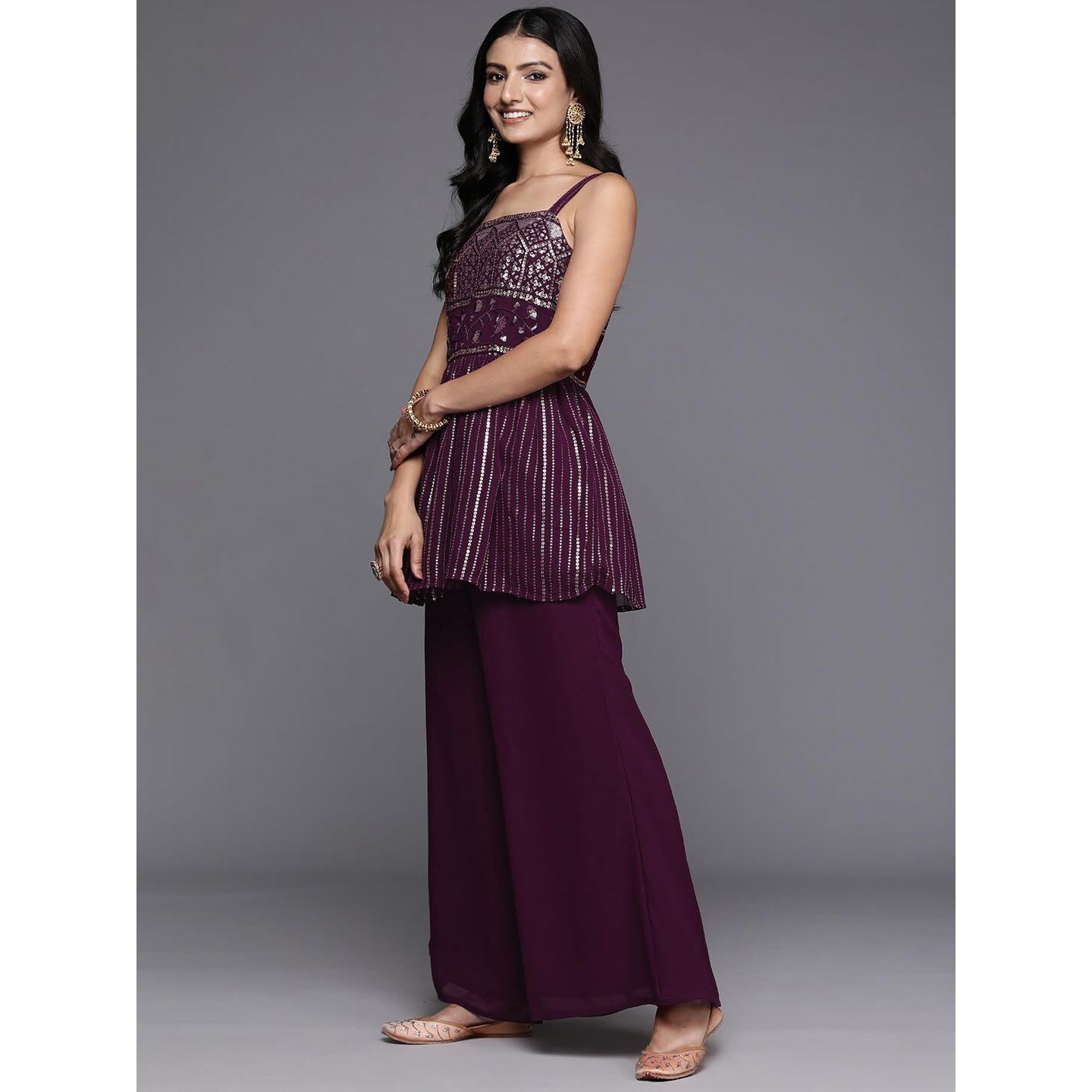 Libas Womens Embroidered Georgette A-Line Kurti Palazzos And Dupatta