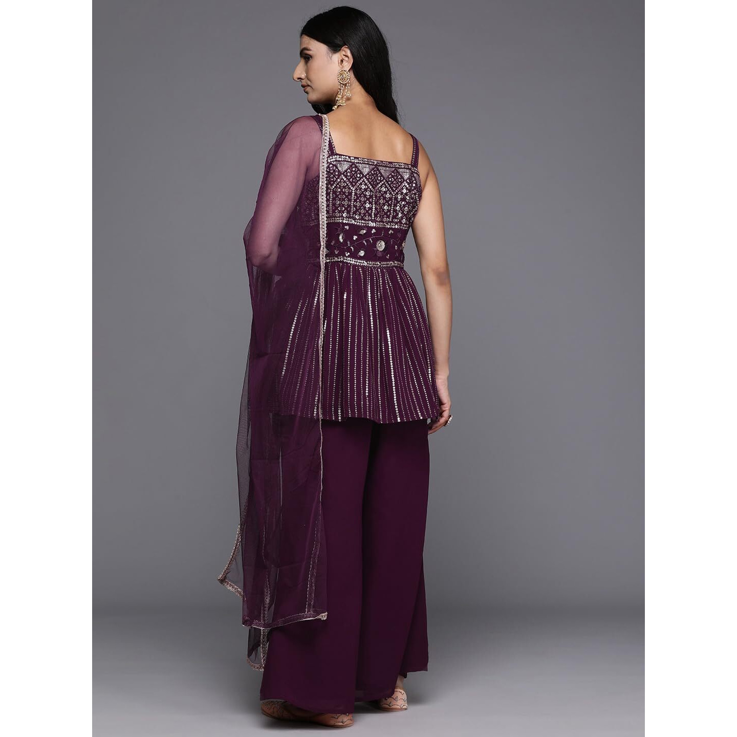 Libas Womens Embroidered Georgette A-Line Kurti Palazzos And Dupatta