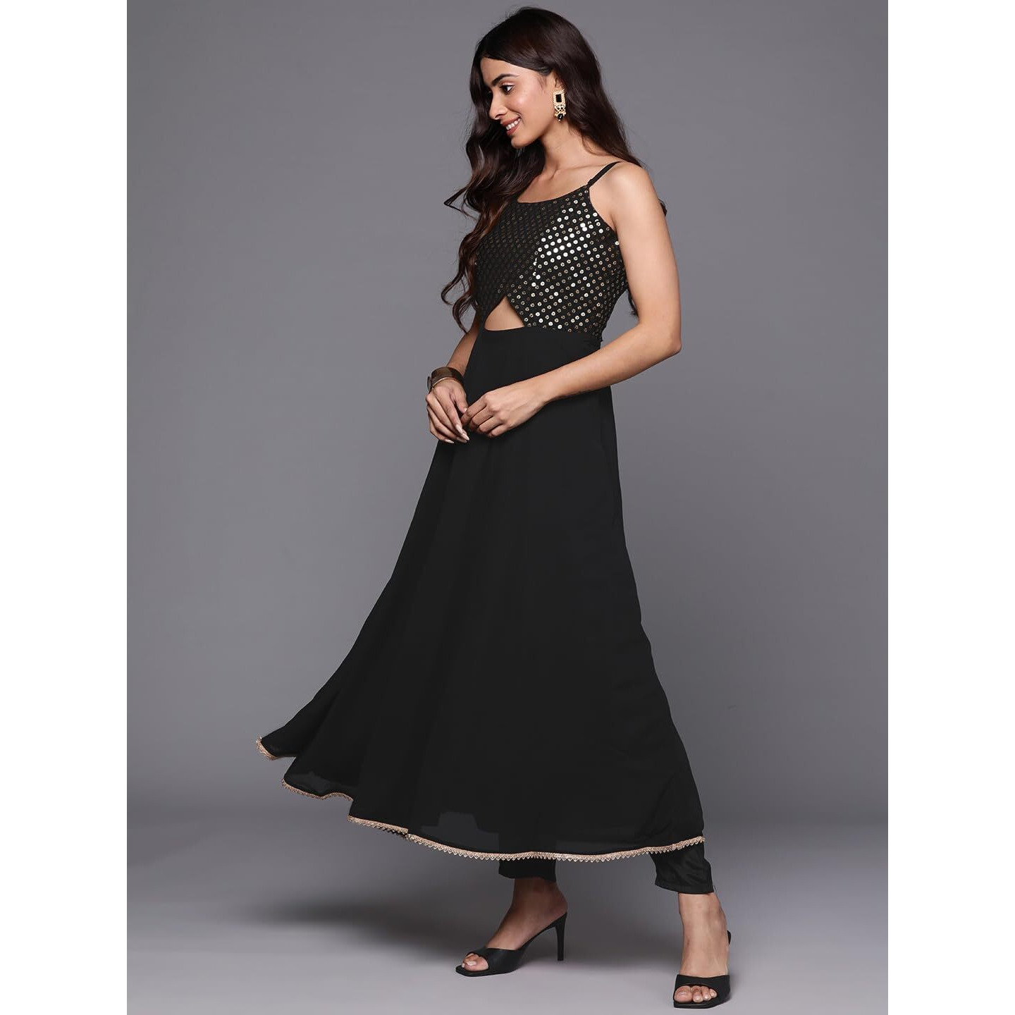 Libas Womens Embroidered Georgette A-Line Kurta With Trousers And Dupatta