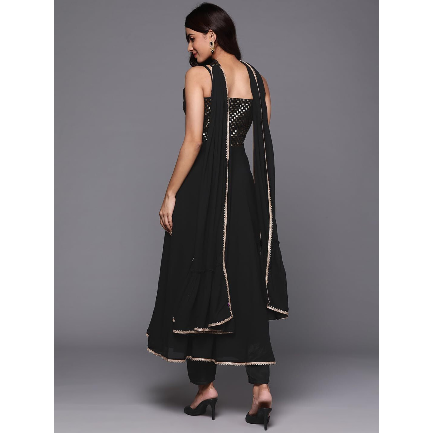 Libas Womens Embroidered Georgette A-Line Kurta With Trousers And Dupatta