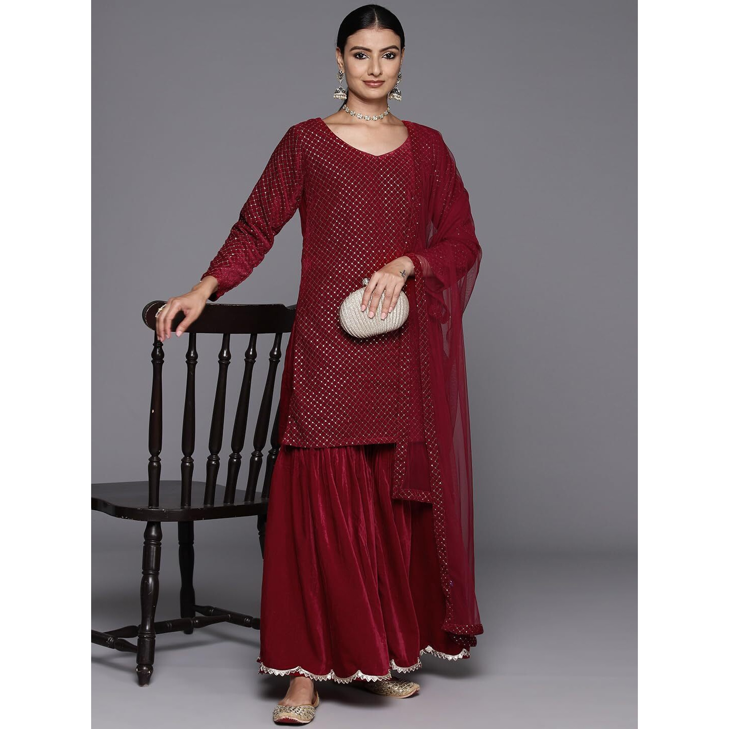 Libas Womens Embroidered Velvet Straight Kurta With Sharara And Dupatta