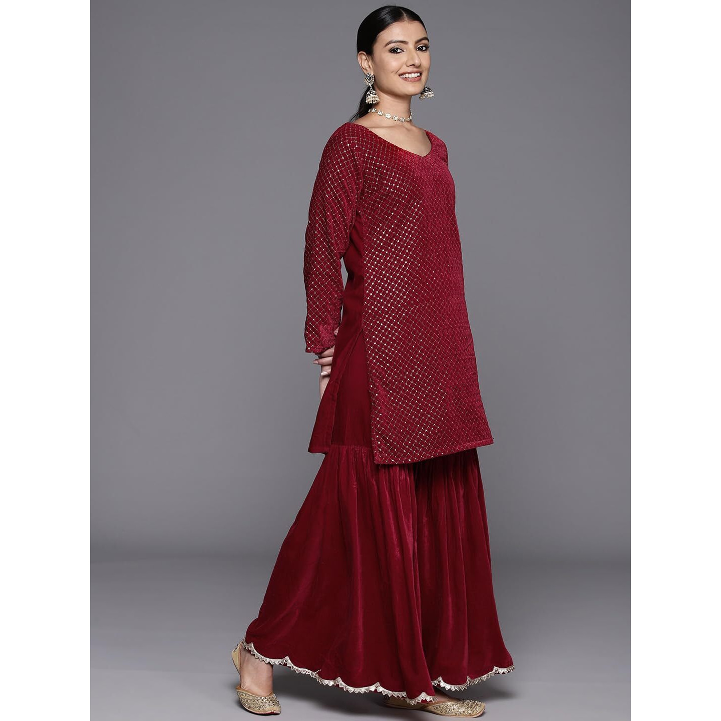 Libas Womens Embroidered Velvet Straight Kurta With Sharara And Dupatta