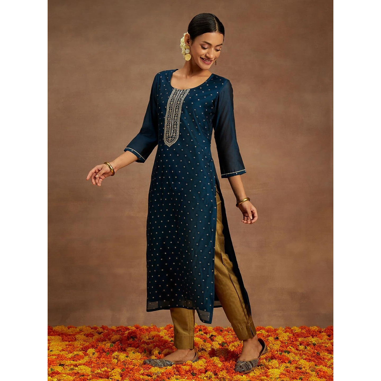 Libas Women's Chanderi Silk Yoke Design Straight Kurta (58043_Teal