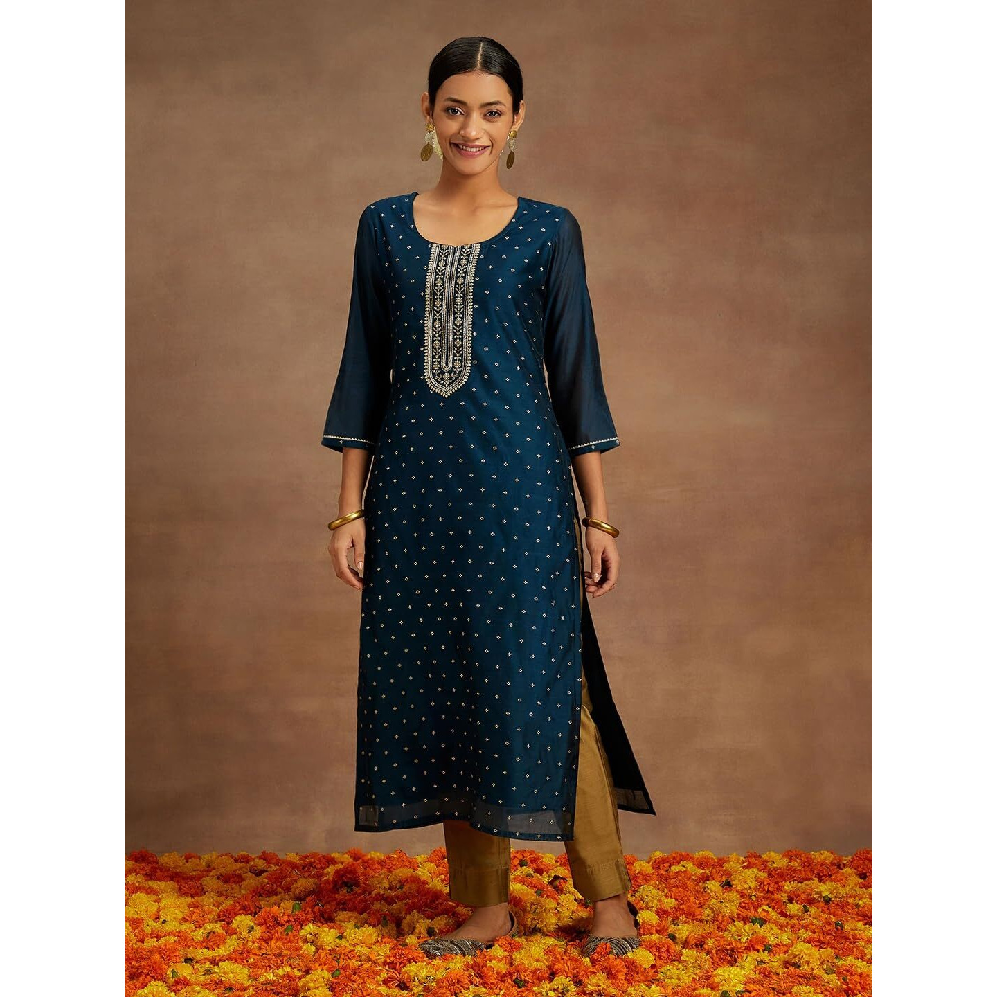 Libas Women's Chanderi Silk Yoke Design Straight Kurta (58043_Teal