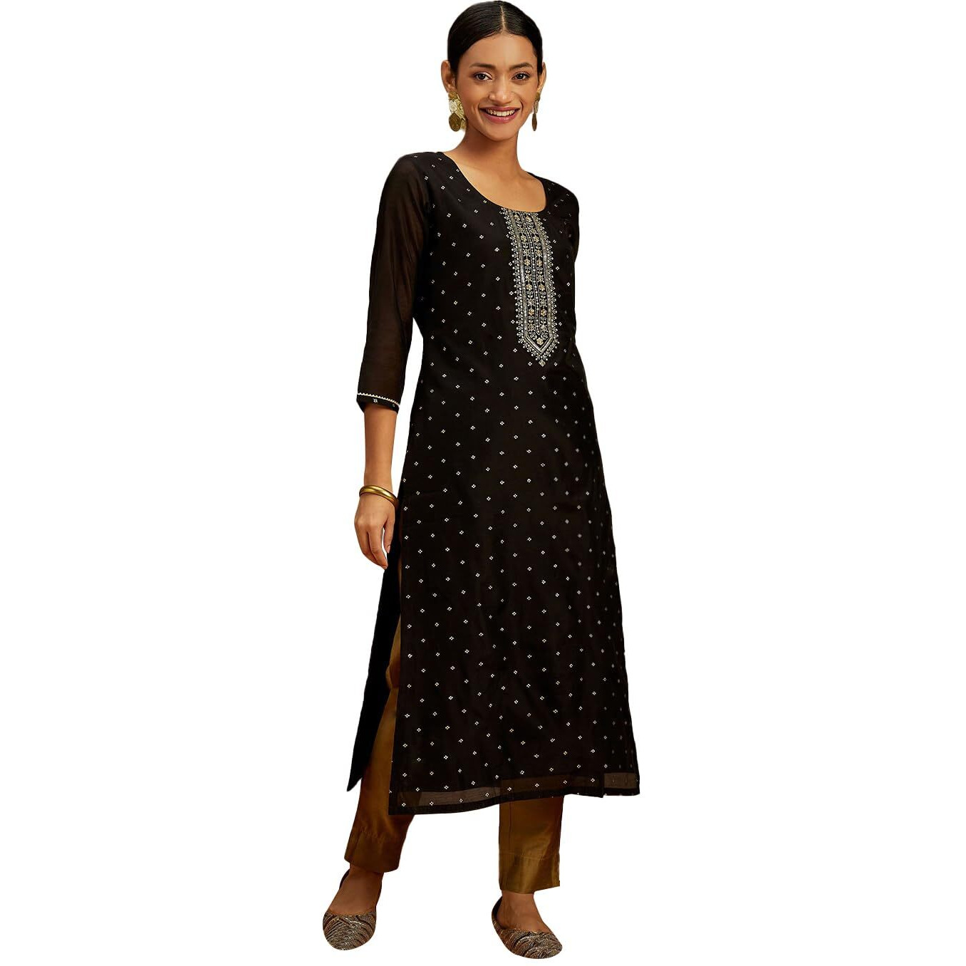 Libas Women's Chanderi Silk Yoke Design Straight Kurta (58046_Black
