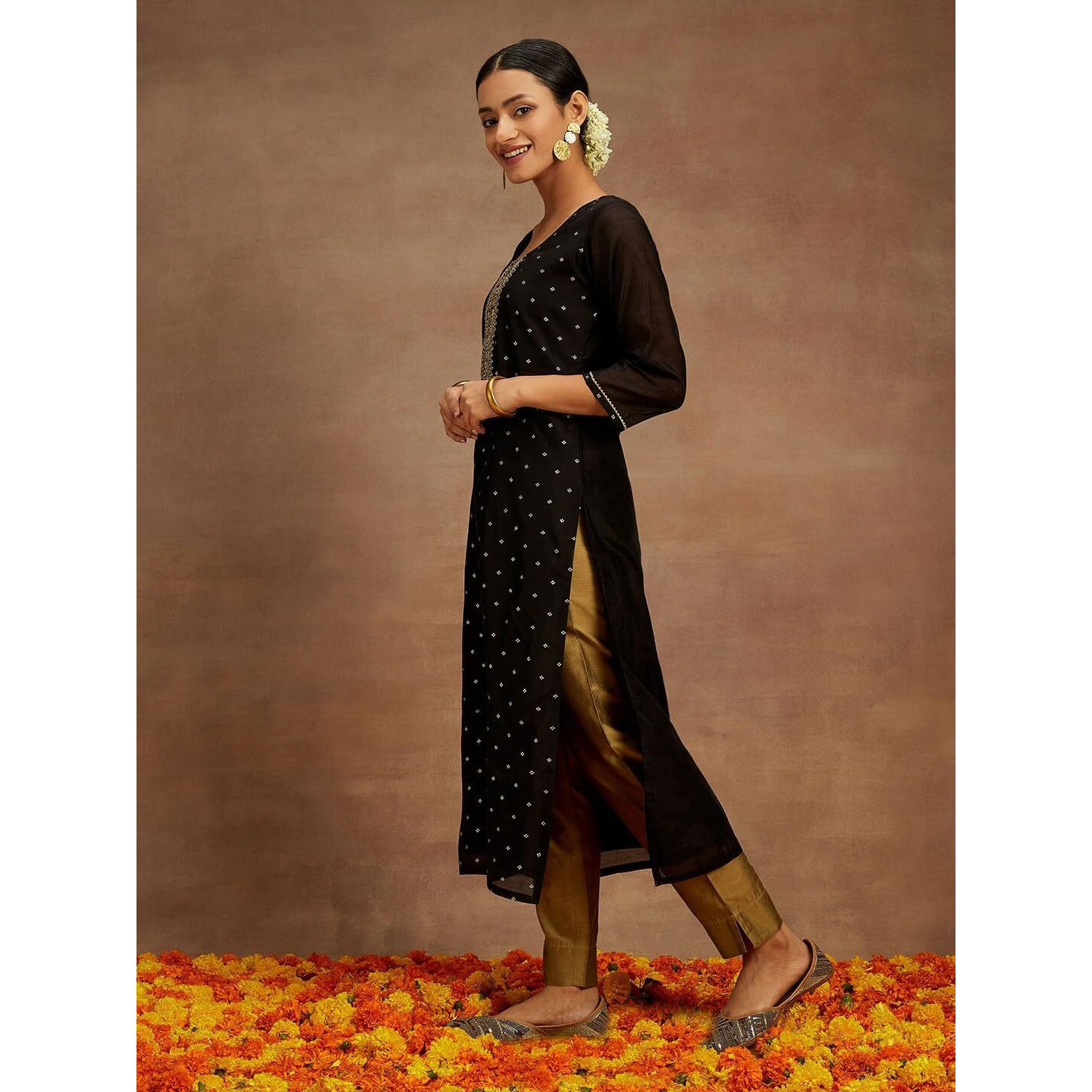 Libas Women's Chanderi Silk Yoke Design Straight Kurta (58046_Black