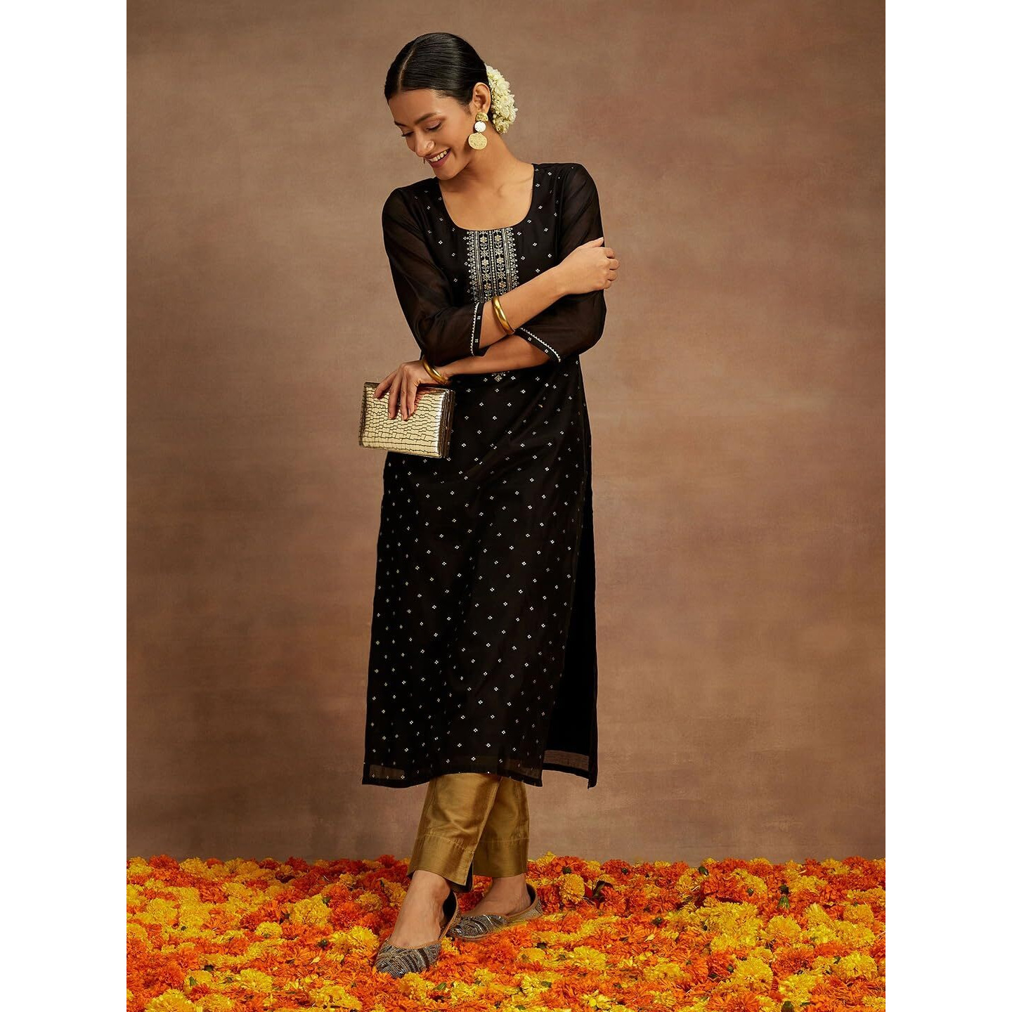 Libas Women's Chanderi Silk Yoke Design Straight Kurta (58046_Black