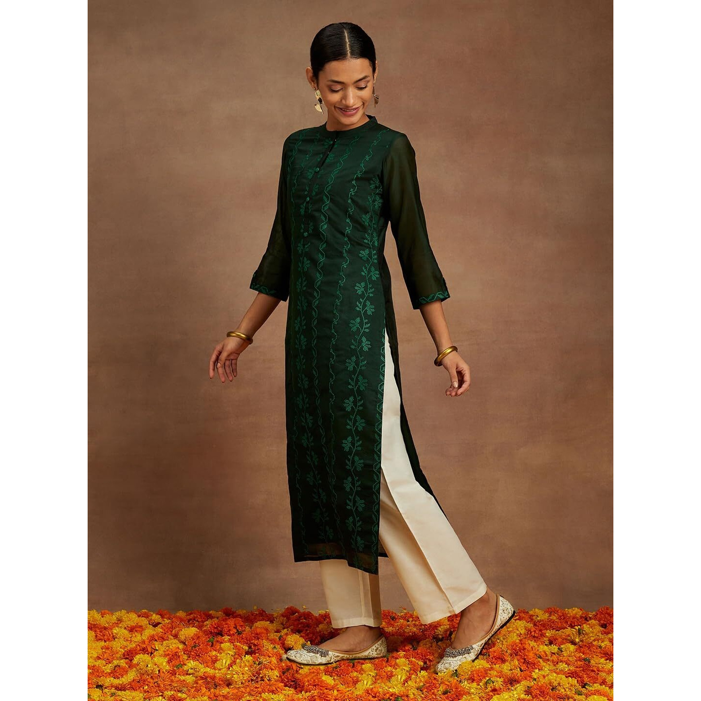 Libas Women's Chanderi Silk Embroidered Straight Kurta (58008_Green