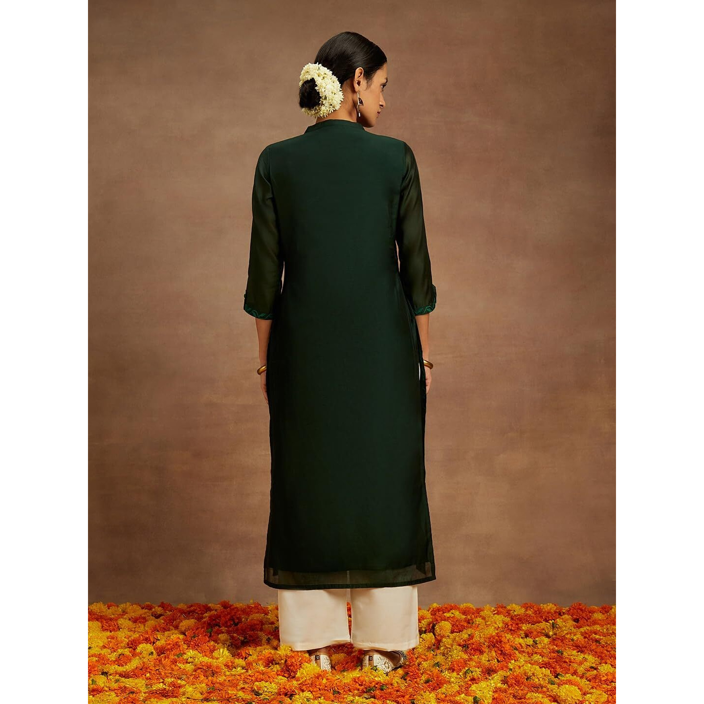 Libas Women's Chanderi Silk Embroidered Straight Kurta (58008_Green