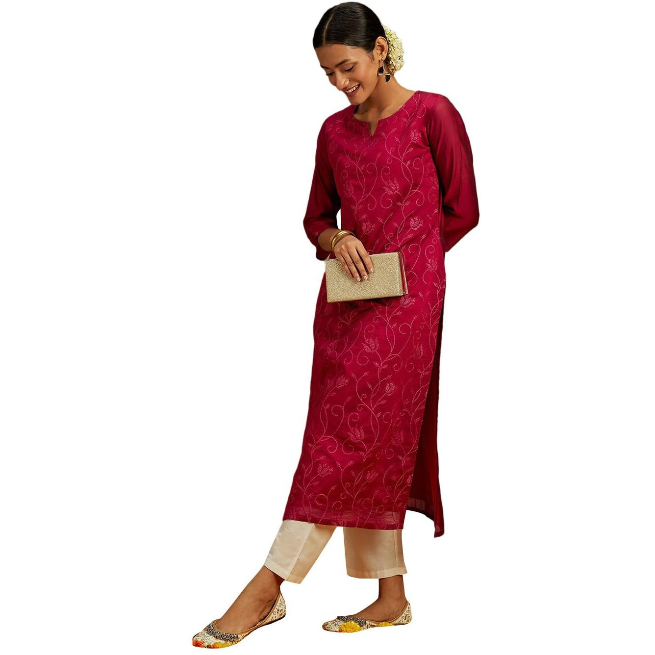 Libas Women's Chanderi Silk Embroidered Straight Kurta (58009_Hot Pink