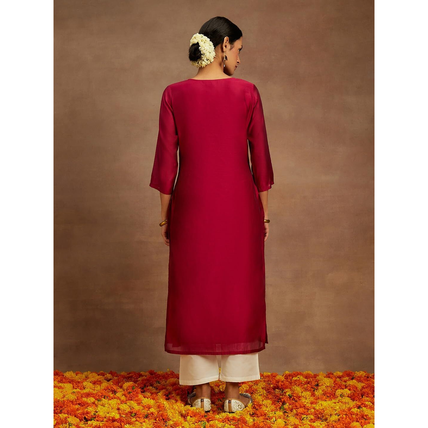 Libas Women's Chanderi Silk Embroidered Straight Kurta (58009_Hot Pink