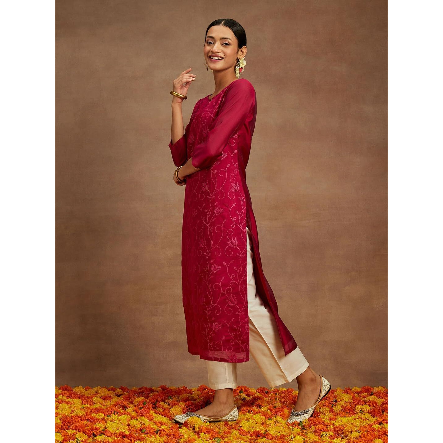 Libas Women's Chanderi Silk Embroidered Straight Kurta (58009_Hot Pink