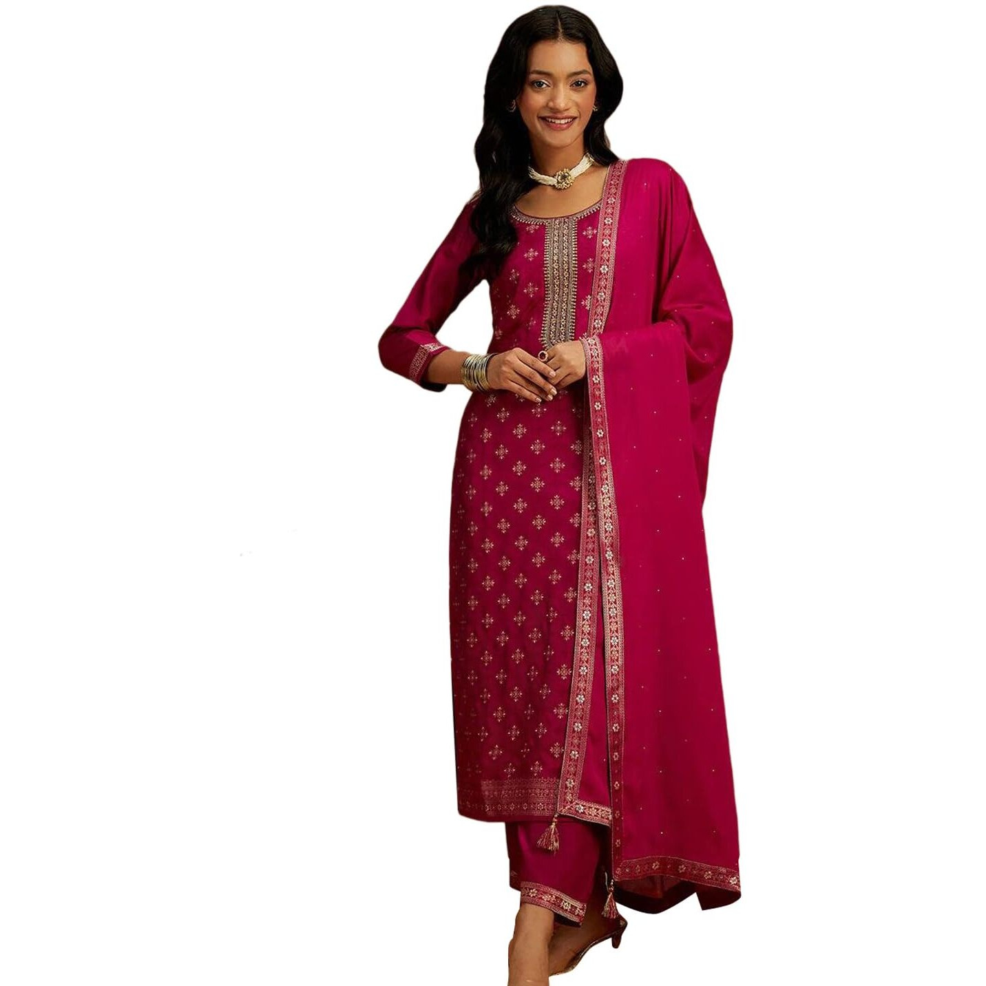 Libas Womens Woven Design Silk Blend Straight Kurta With Trousers And Dupatta