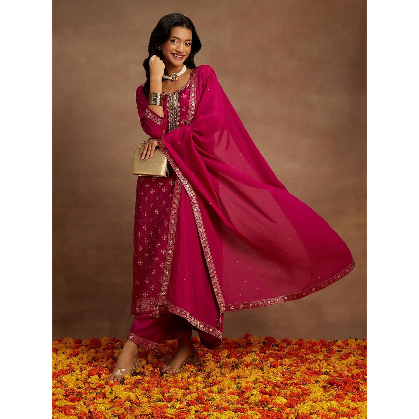 Libas Womens Woven Design Silk Blend Straight Kurta With Trousers And Dupatta