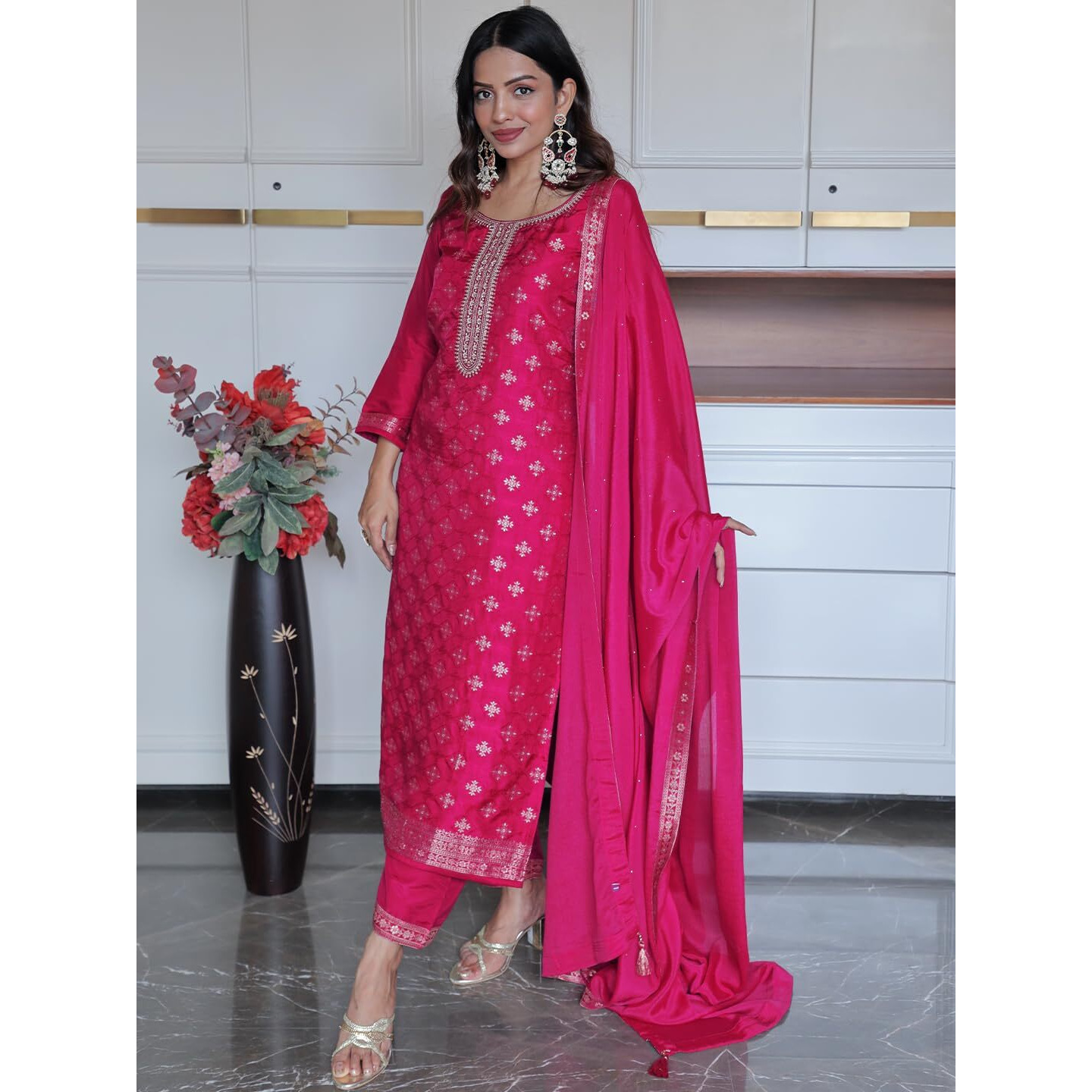 Libas Womens Woven Design Silk Blend Straight Kurta With Trousers And Dupatta