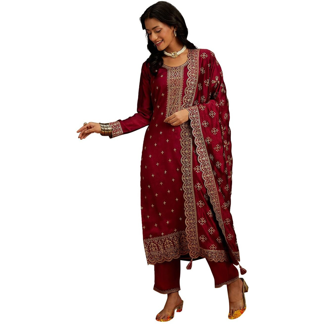 Libas Womens Embroidered Silk Blend Straight Kurta With Trousers And Dupatta