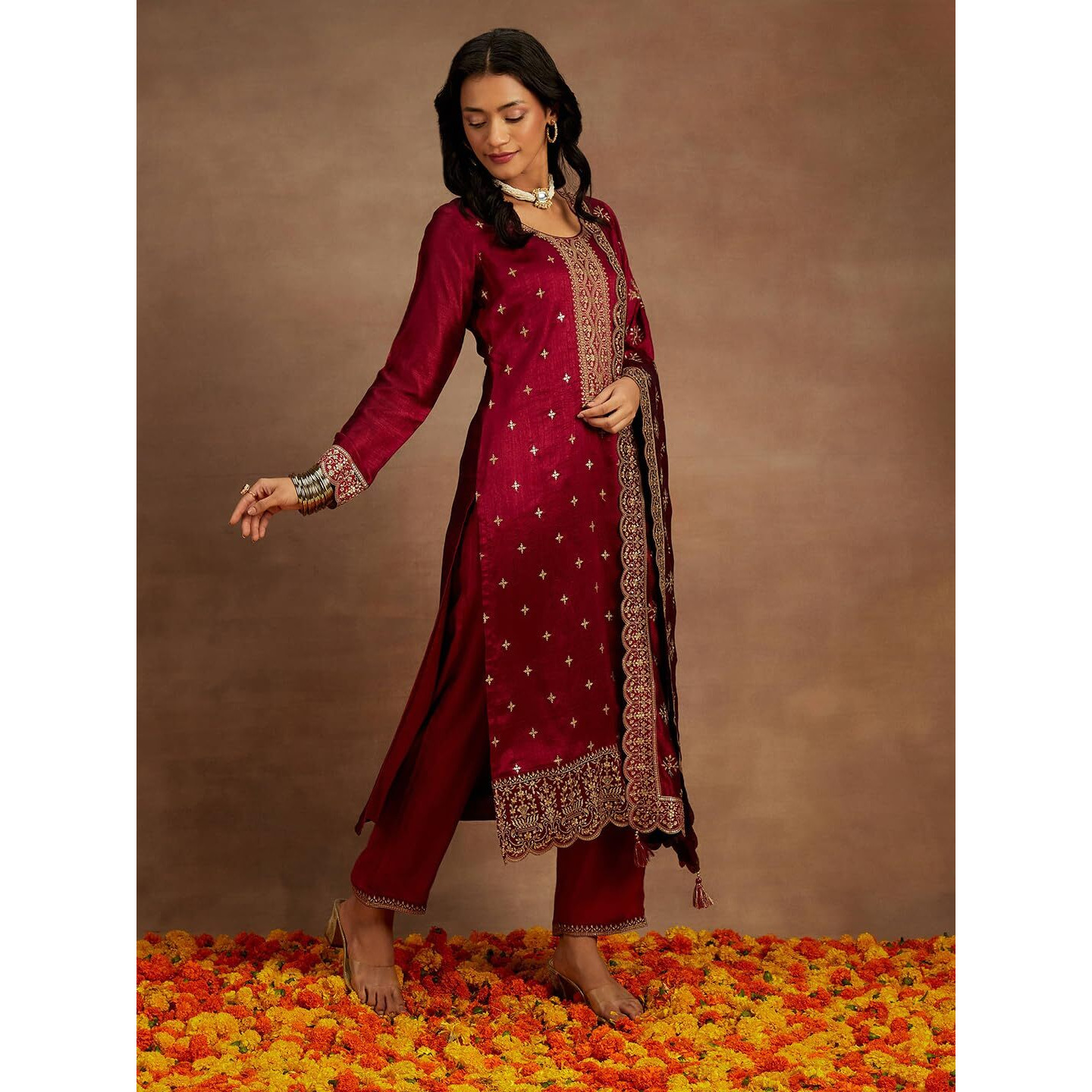Libas Womens Embroidered Silk Blend Straight Kurta With Trousers And Dupatta