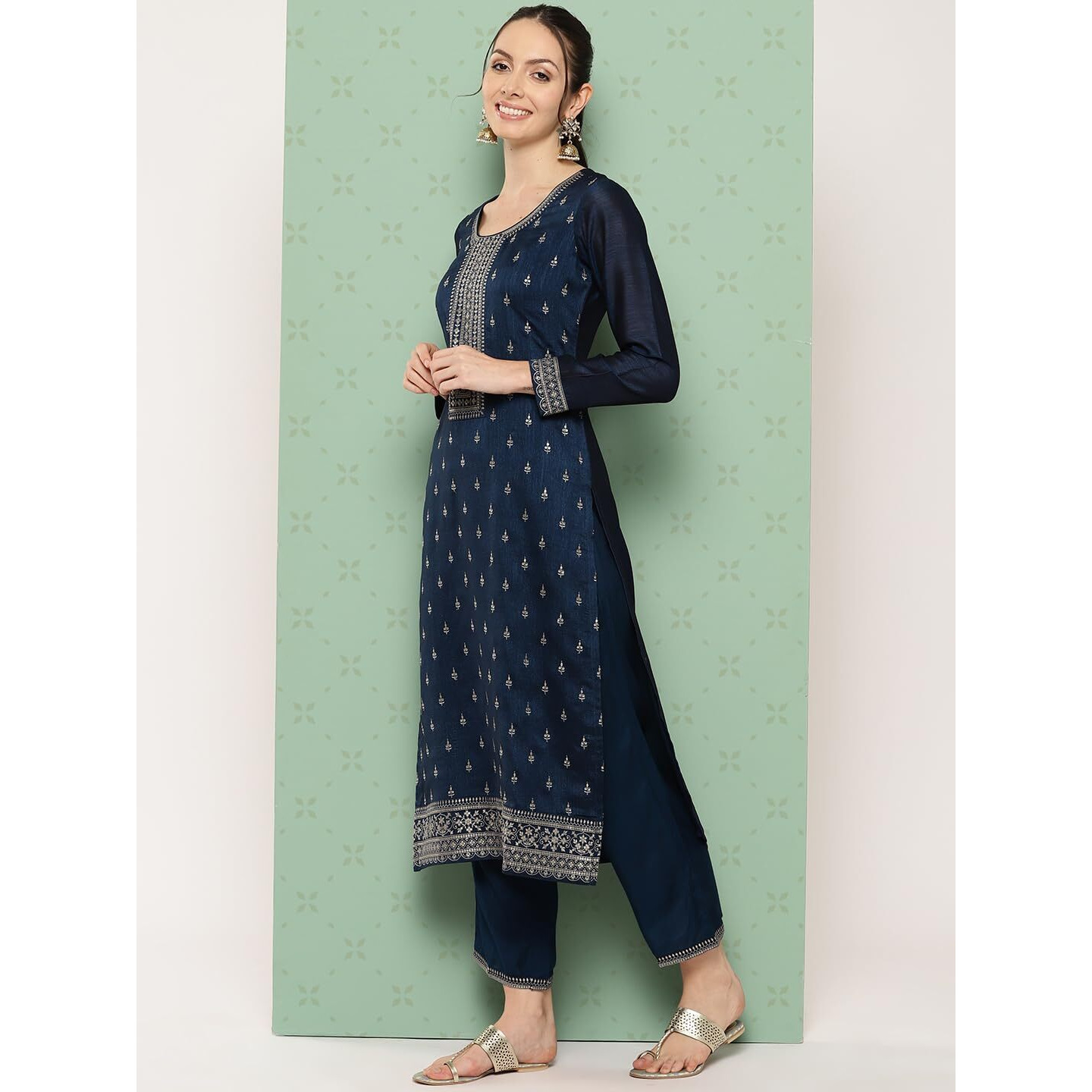 Libas Women's Silk Blend Kurta Sets (48038_Navy Blue