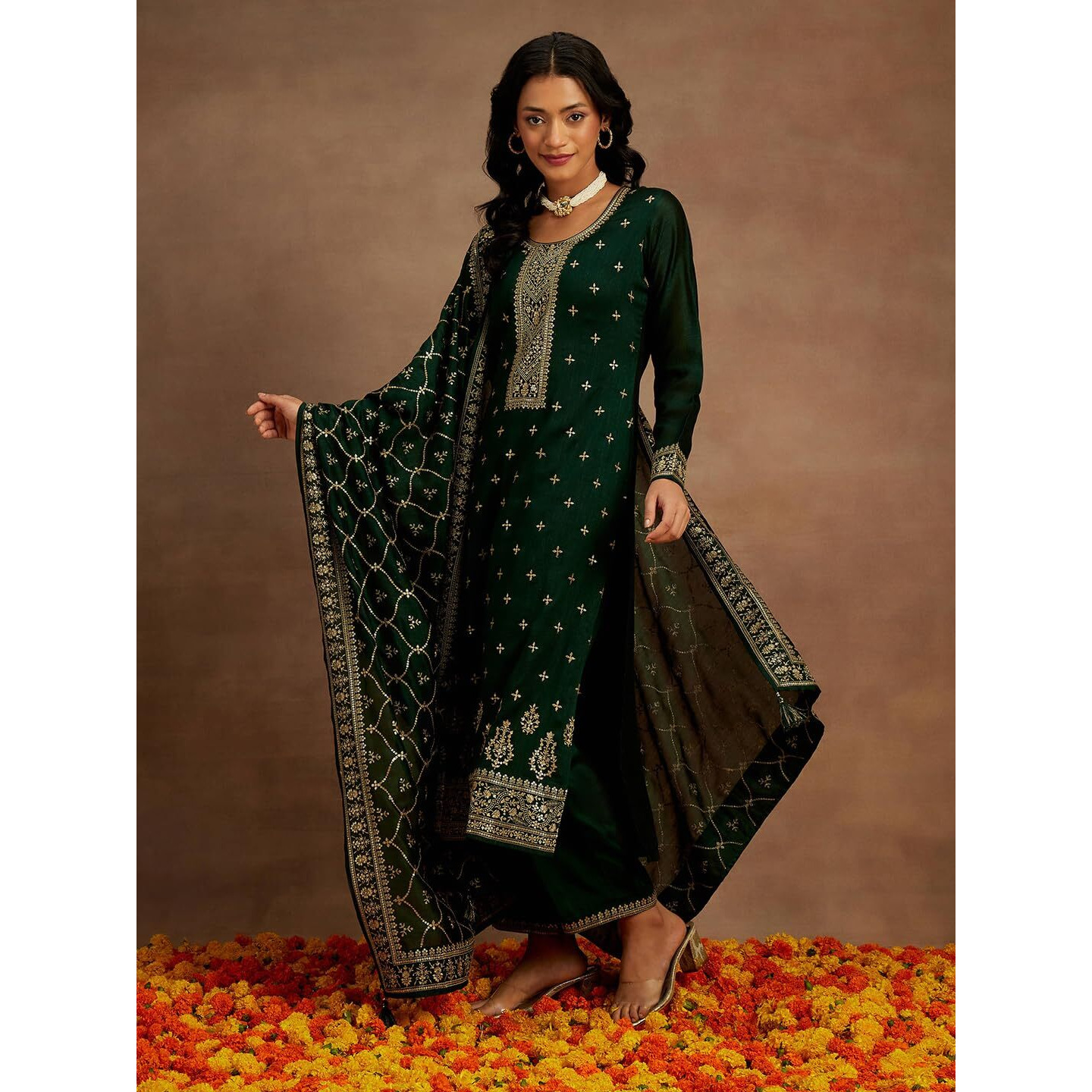 Libas Womens Embroidered Silk Blend Straight Kurta With Trousers And Dupatta