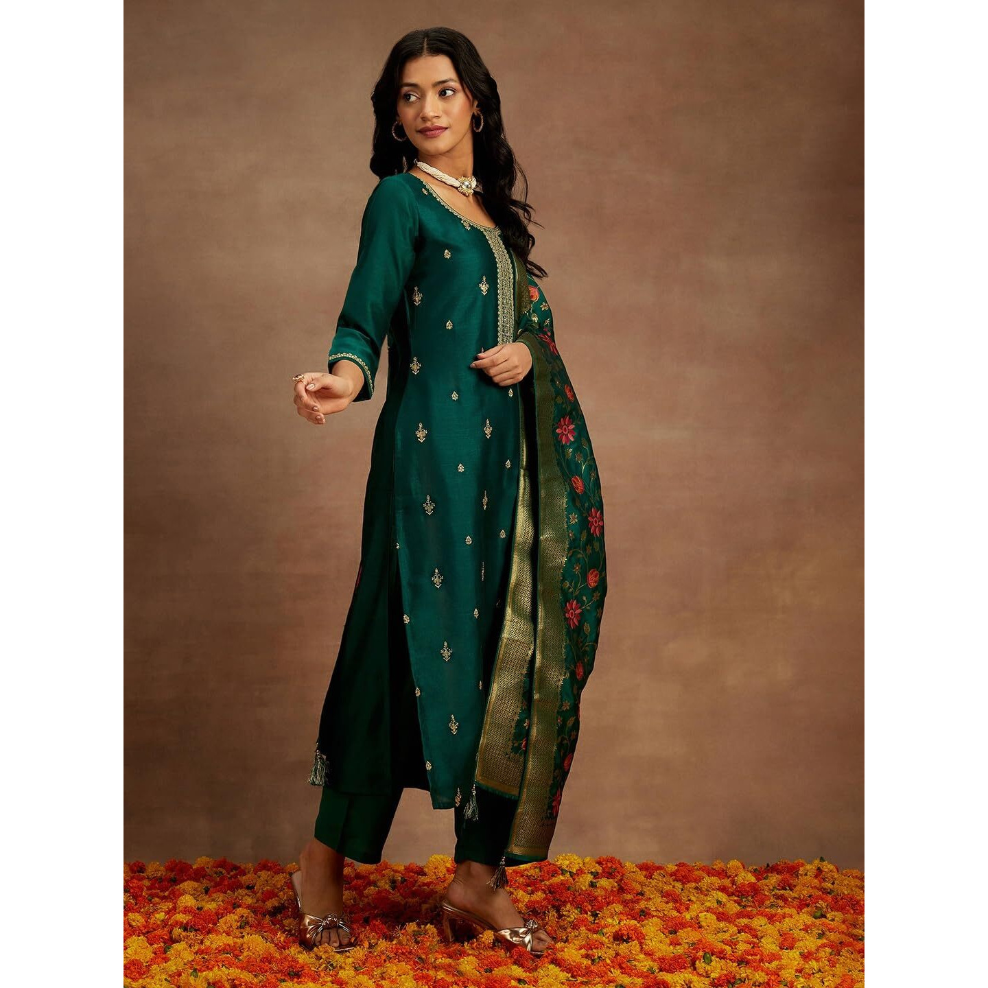 Libas Womens Embroidered Silk Blend Straight Kurta With Trousers And Dupatta