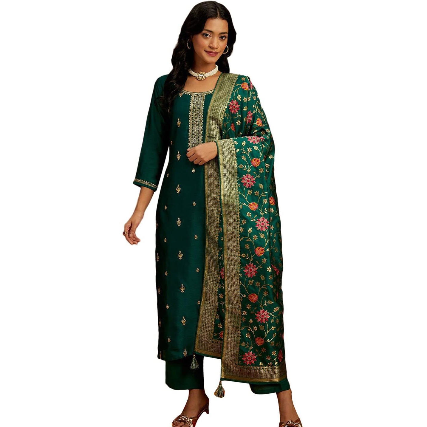 Libas Womens Embroidered Silk Blend Straight Kurta With Trousers And Dupatta