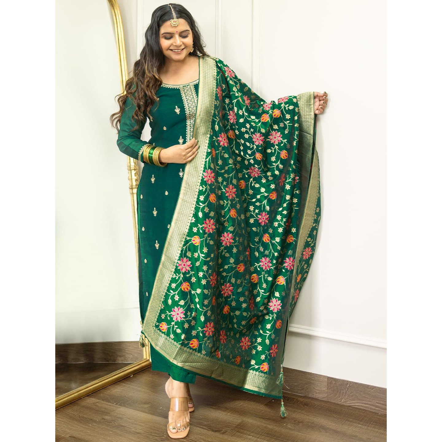 Libas Womens Embroidered Silk Blend Straight Kurta With Trousers And Dupatta