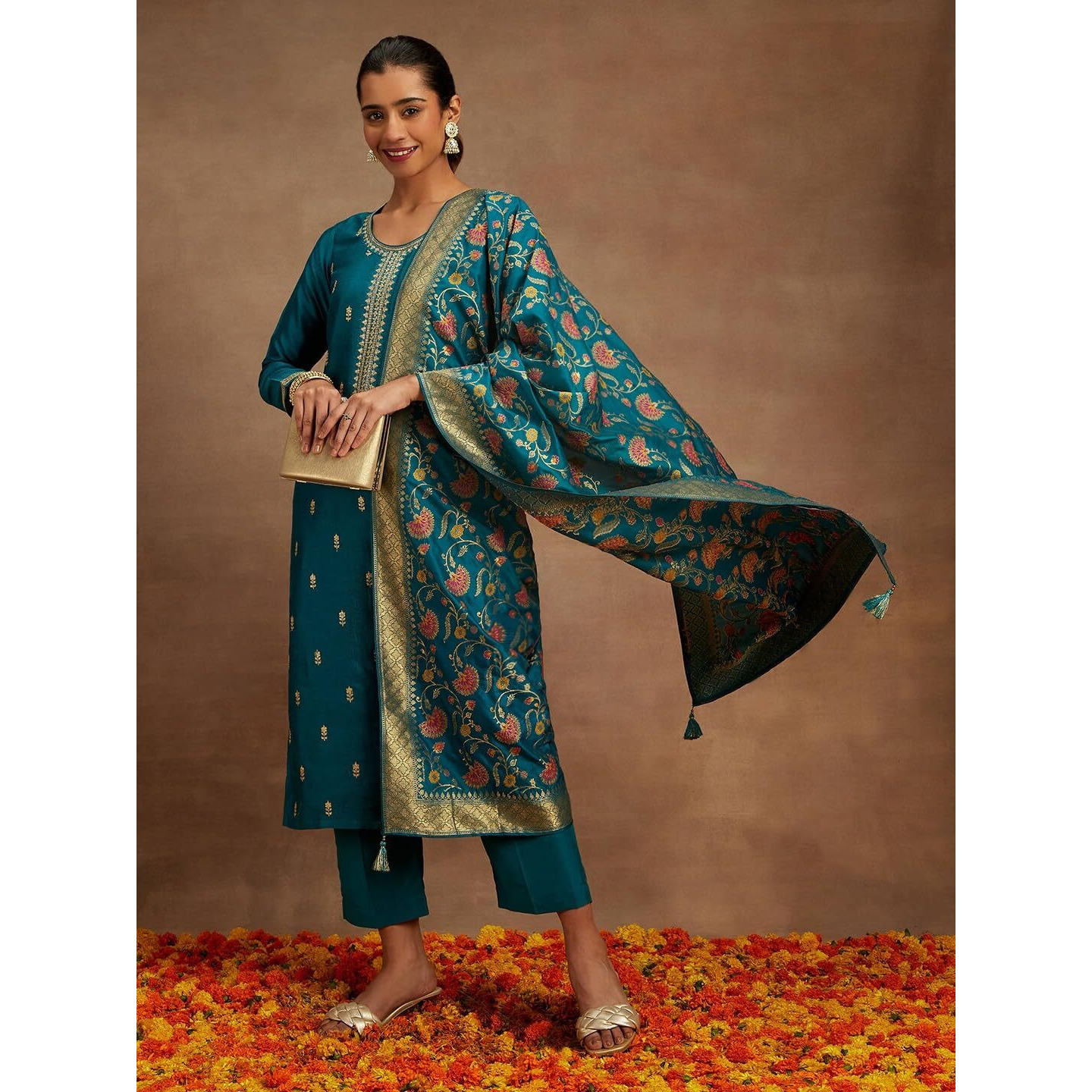 Libas Women's Silk Blend Kurta Sets (48060_Teal