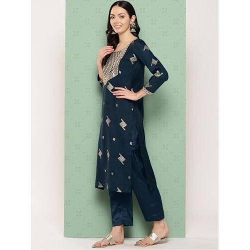 Libas Womens Woven Design Silk Blend Straight Kurta With Trousers And Dupatta