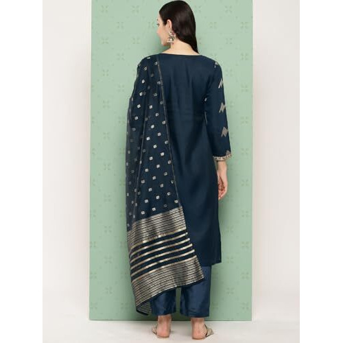Libas Womens Woven Design Silk Blend Straight Kurta With Trousers And Dupatta