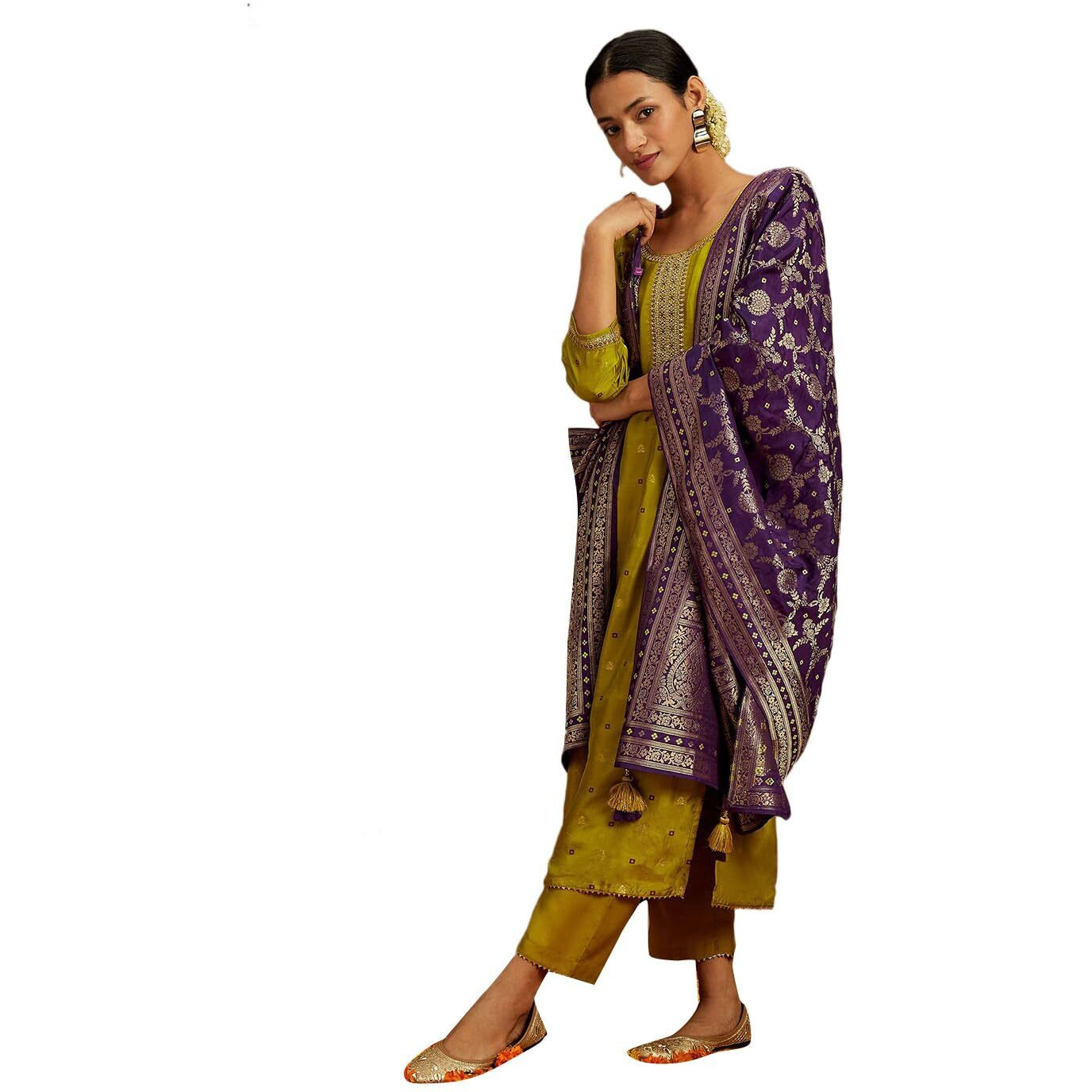 Libas Womens Self Design Silk Straight Kurta With Trousers And Dupatta