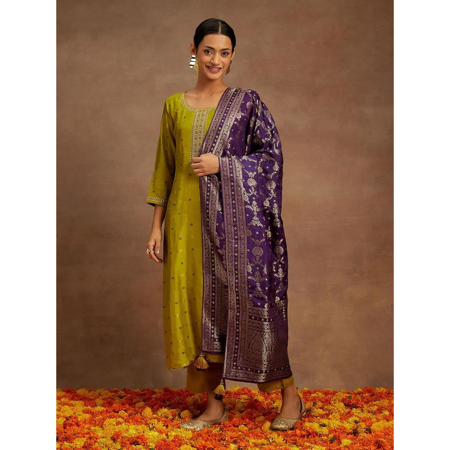 Libas Womens Self Design Silk Straight Kurta With Trousers And Dupatta