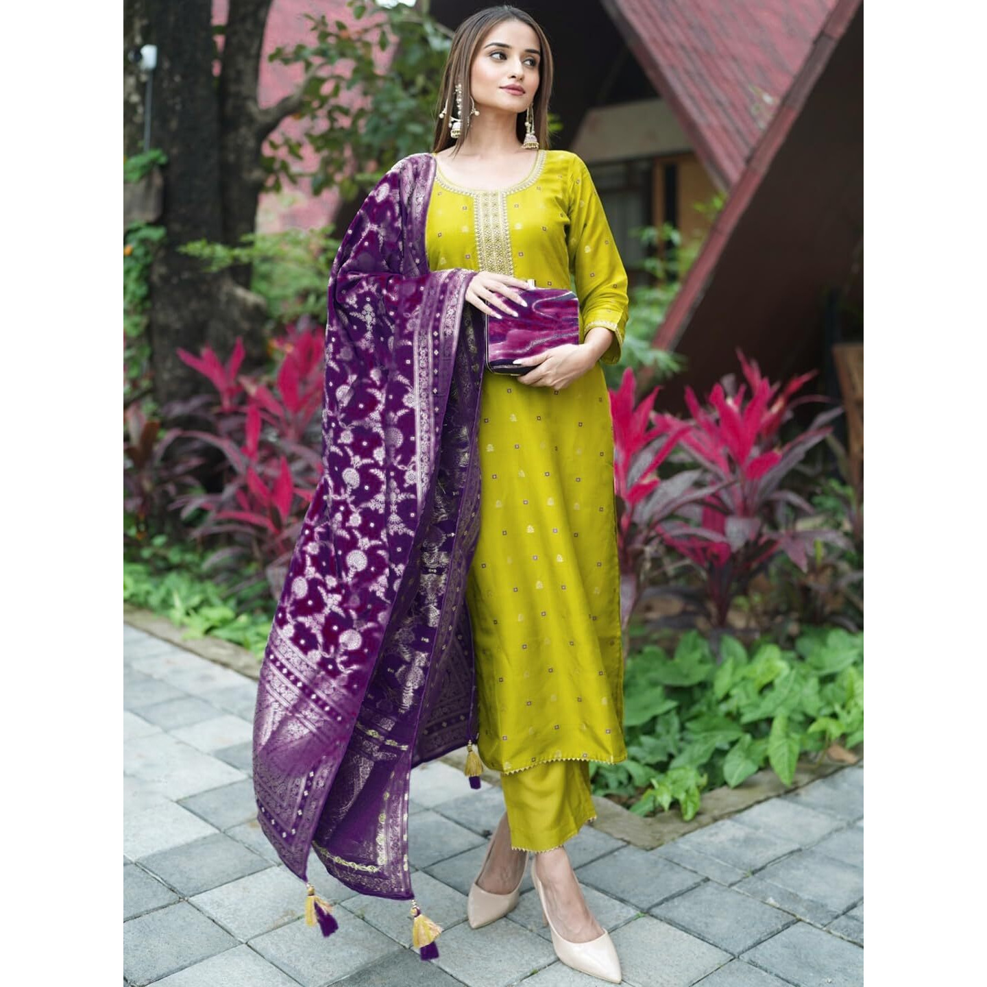 Libas Womens Self Design Silk Straight Kurta With Trousers And Dupatta