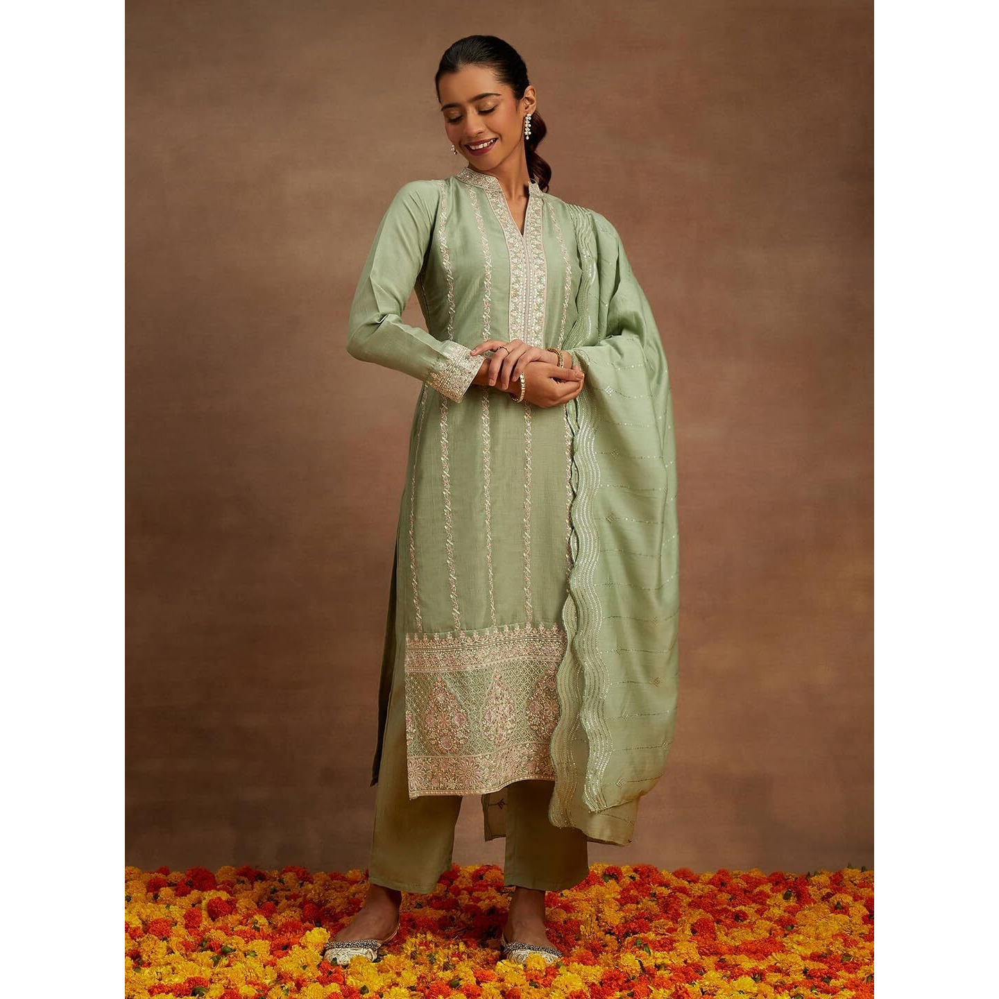 Libas Womens Embroidered Silk Straight Kurta With Trousers And Dupatta