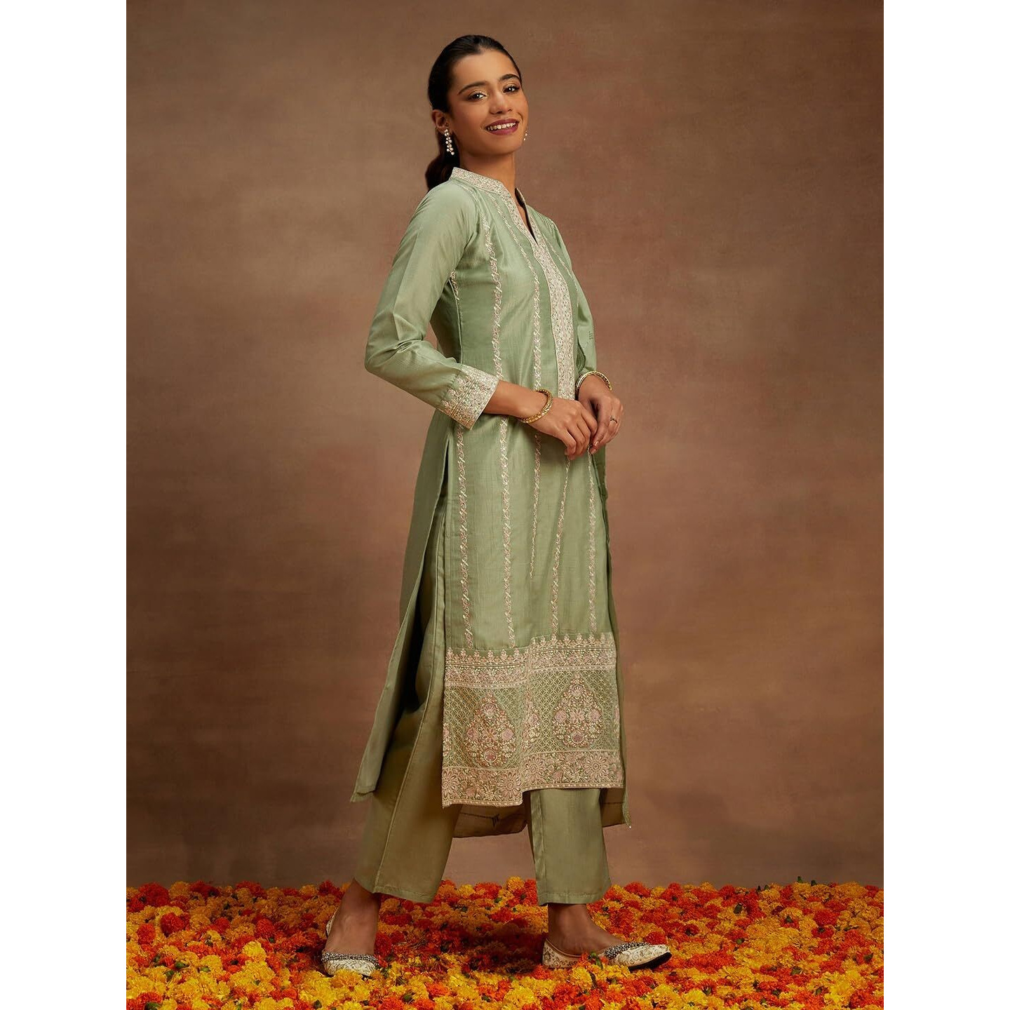 Libas Womens Embroidered Silk Straight Kurta With Trousers And Dupatta