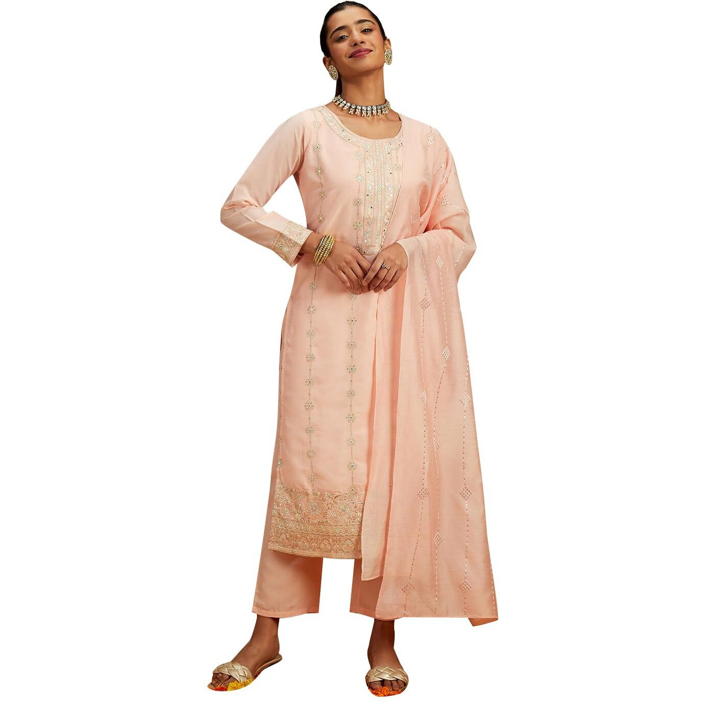 Libas Womens Embroidered Silk Straight Kurta With Trousers And Dupatta