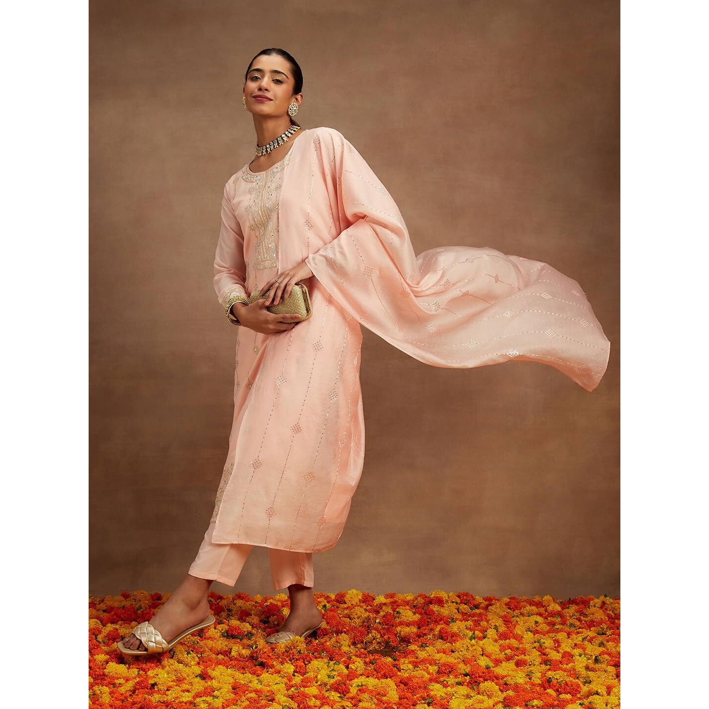 Libas Womens Embroidered Silk Straight Kurta With Trousers And Dupatta