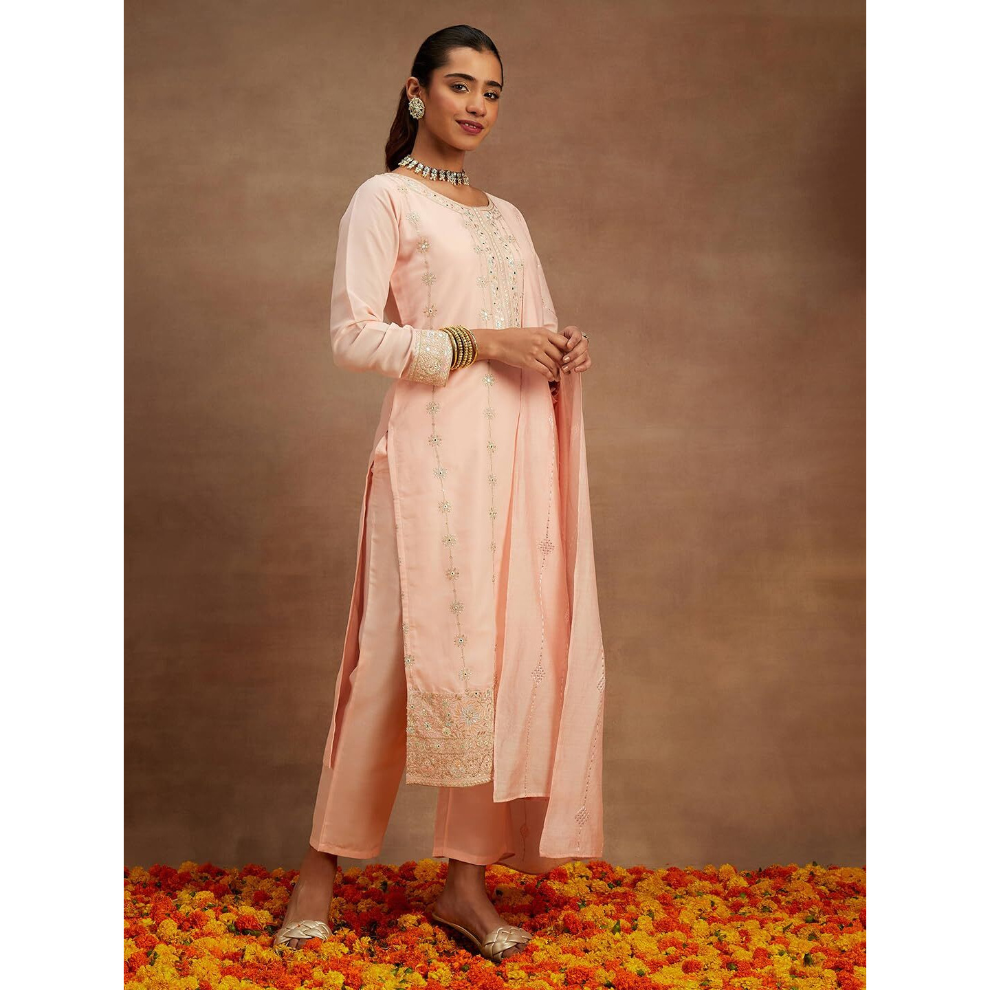 Libas Womens Embroidered Silk Straight Kurta With Trousers And Dupatta