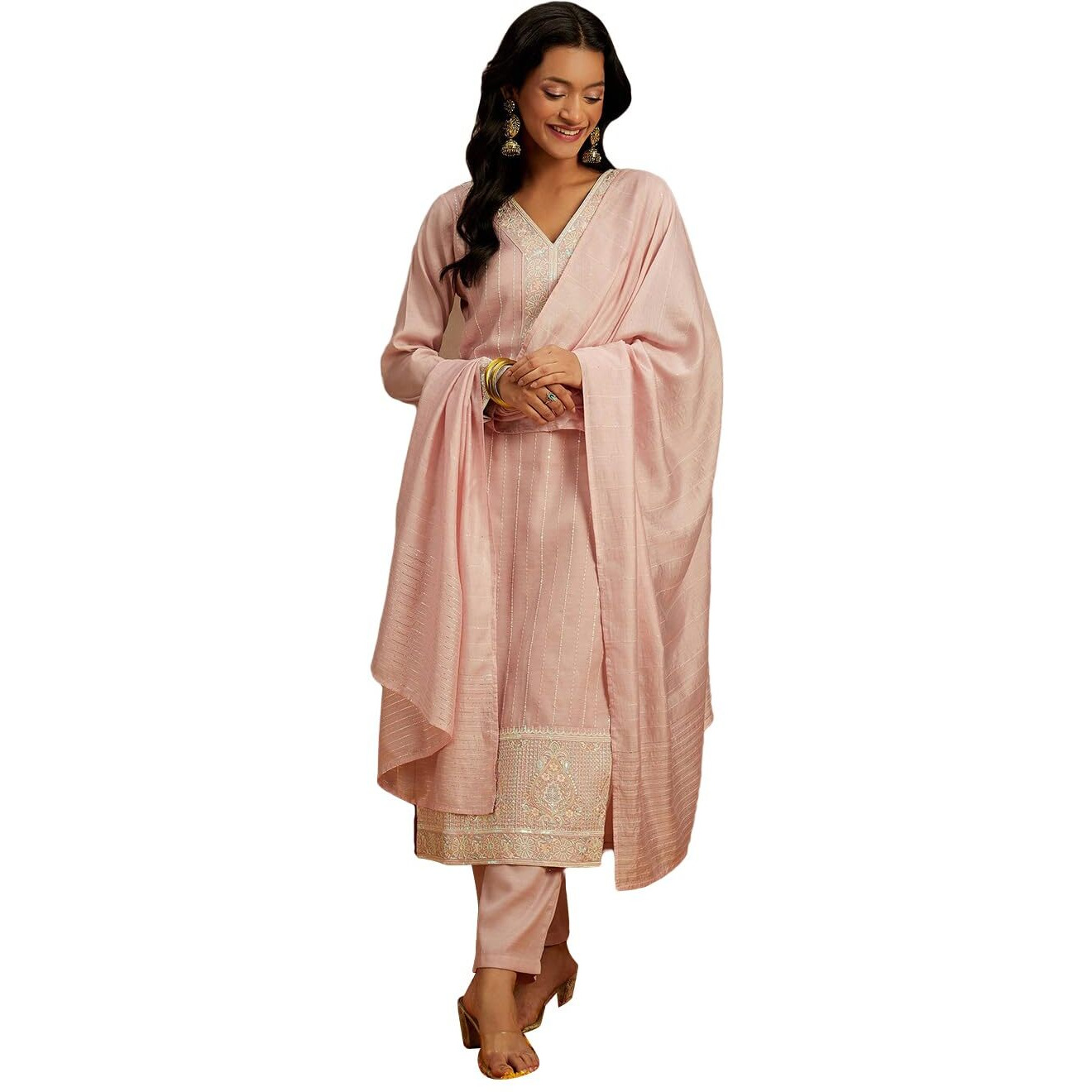 Libas Womens Embroidered Silk Straight Kurta With Trousers And Dupatta