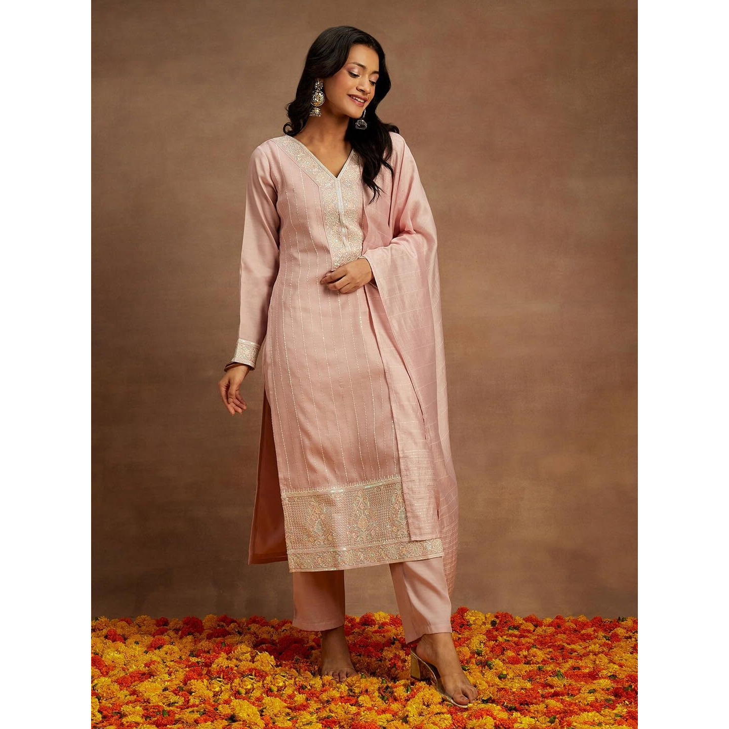 Libas Womens Embroidered Silk Straight Kurta With Trousers And Dupatta