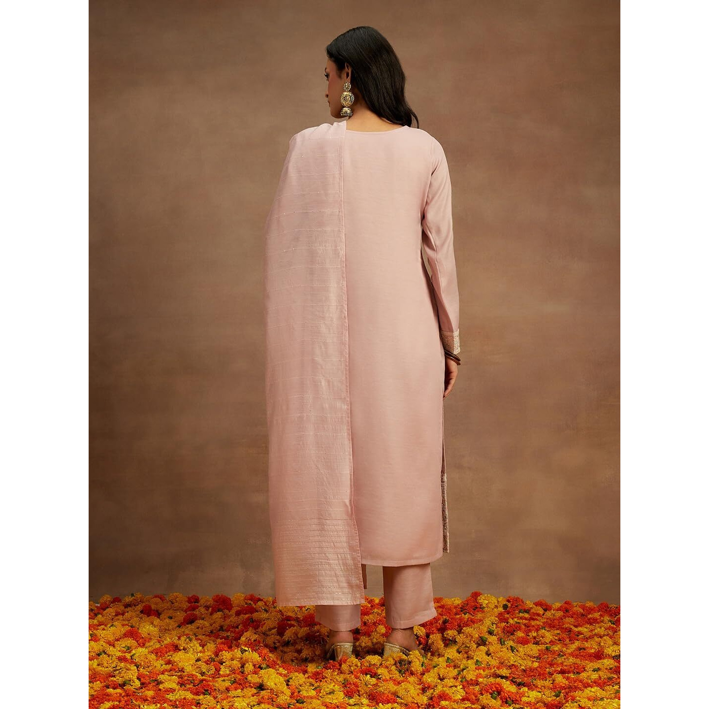 Libas Womens Embroidered Silk Straight Kurta With Trousers And Dupatta