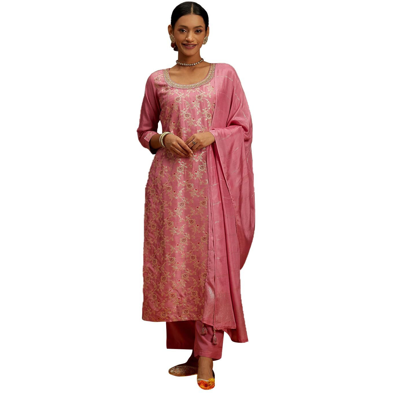 Libas Womens Woven Design Silk Blend Straight Kurta With Trousers And Dupatta