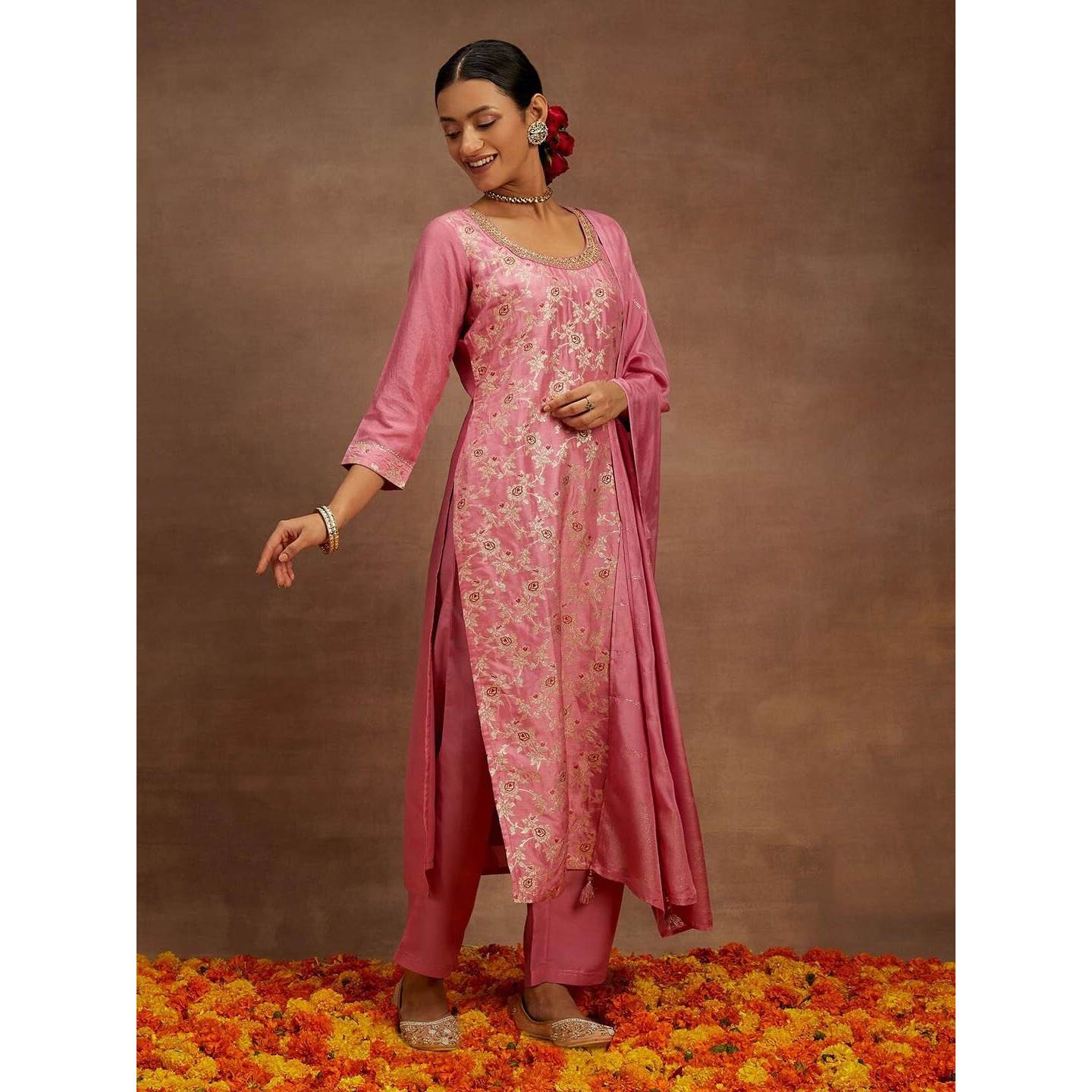 Libas Womens Woven Design Silk Blend Straight Kurta With Trousers And Dupatta